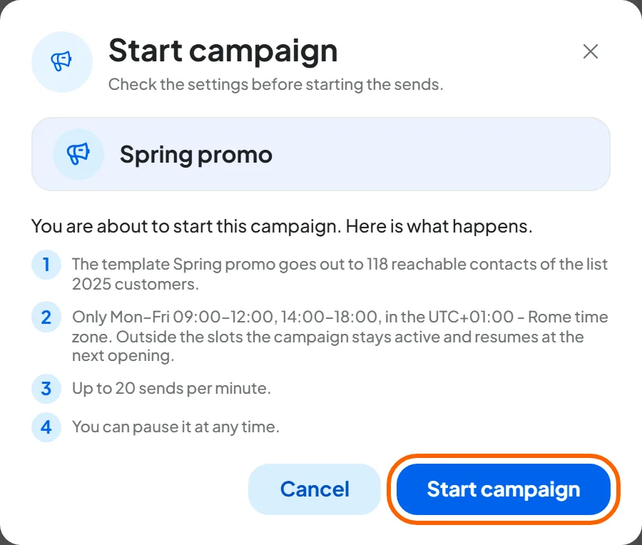 The Start campaign window for Spring promo: the Spring promo template going out to 118 reachable contacts of the 2025 customers list, time slots Monday to Friday 9:00–12:00 and 14:00–18:00, up to 20 sends per minute.