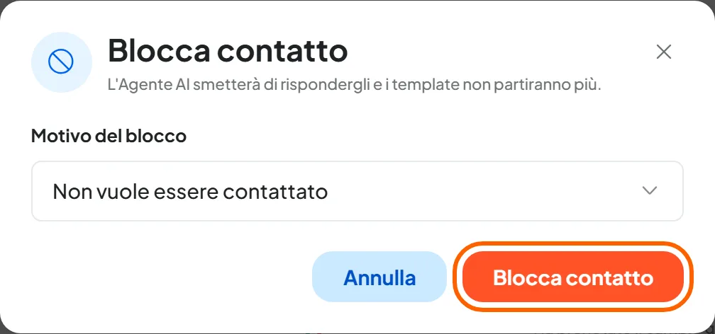 La finestra Blocca contatto per Mario Rossi con il motivo «Non vuole essere contattato» e il pulsante Blocca contatto evidenziato.