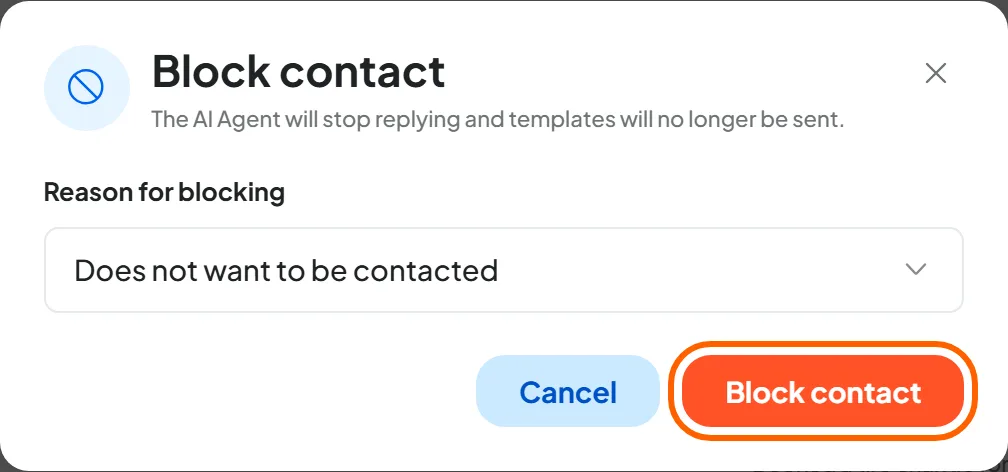 The Block contact window for Mario Rossi with the reason “Does not want to be contacted” and the Block contact button highlighted.