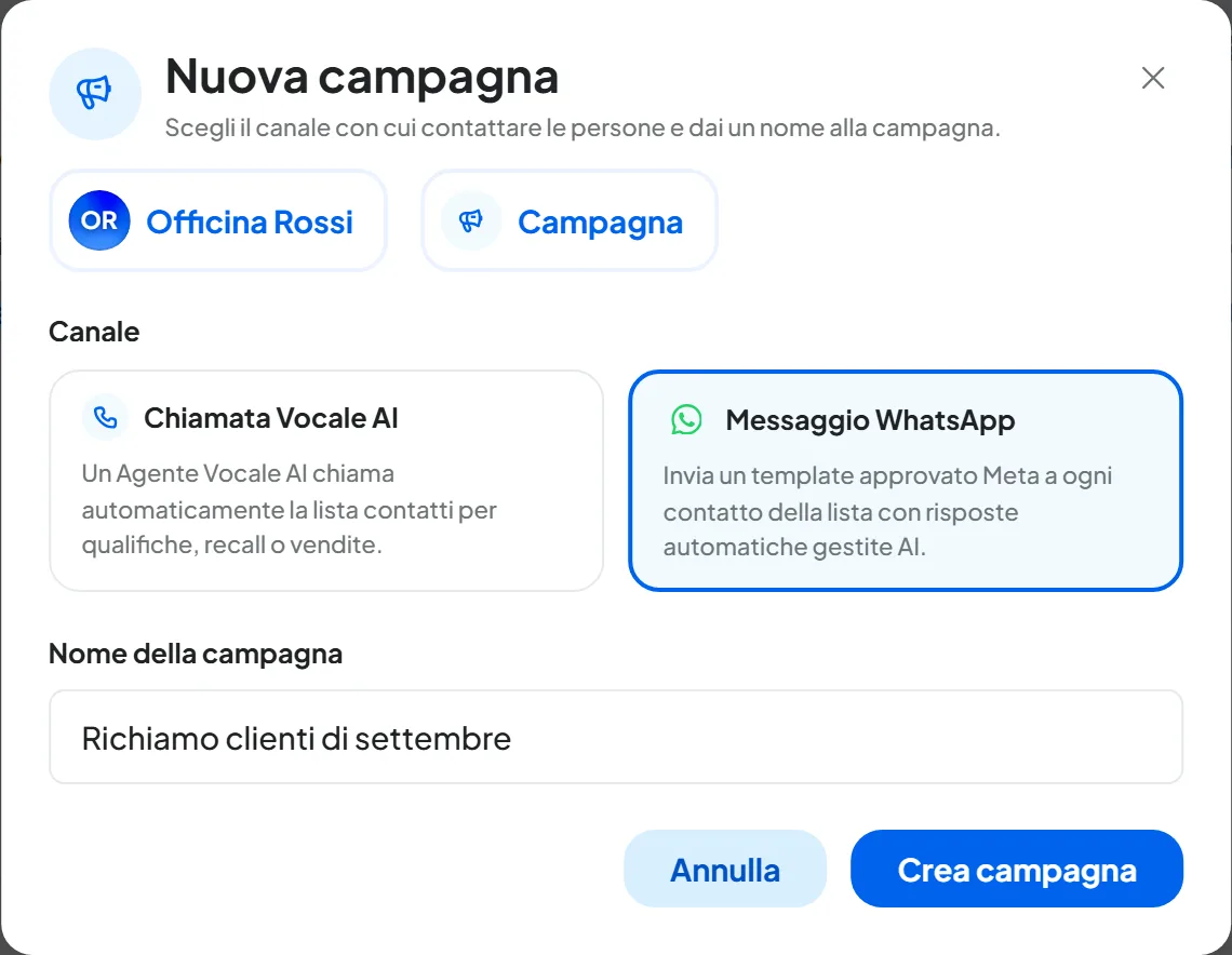 La finestra Nuova campagna con i riquadri Chiamata Vocale AI e Messaggio WhatsApp, la seconda scelta, e il nome «Richiamo clienti di settembre».