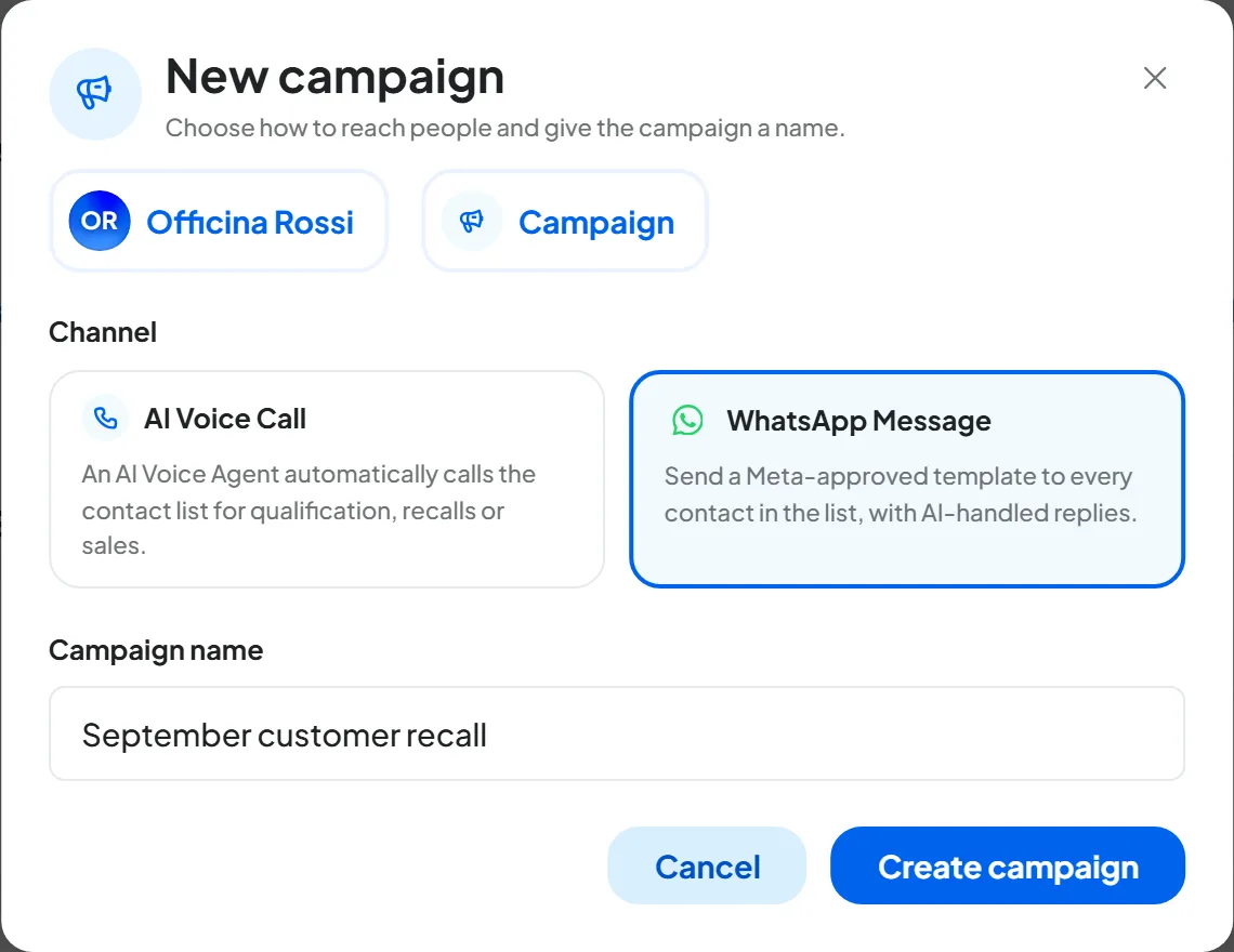 The New campaign window with the AI Voice Call and WhatsApp Message boxes, the second one selected, and the name “September customer recall”.