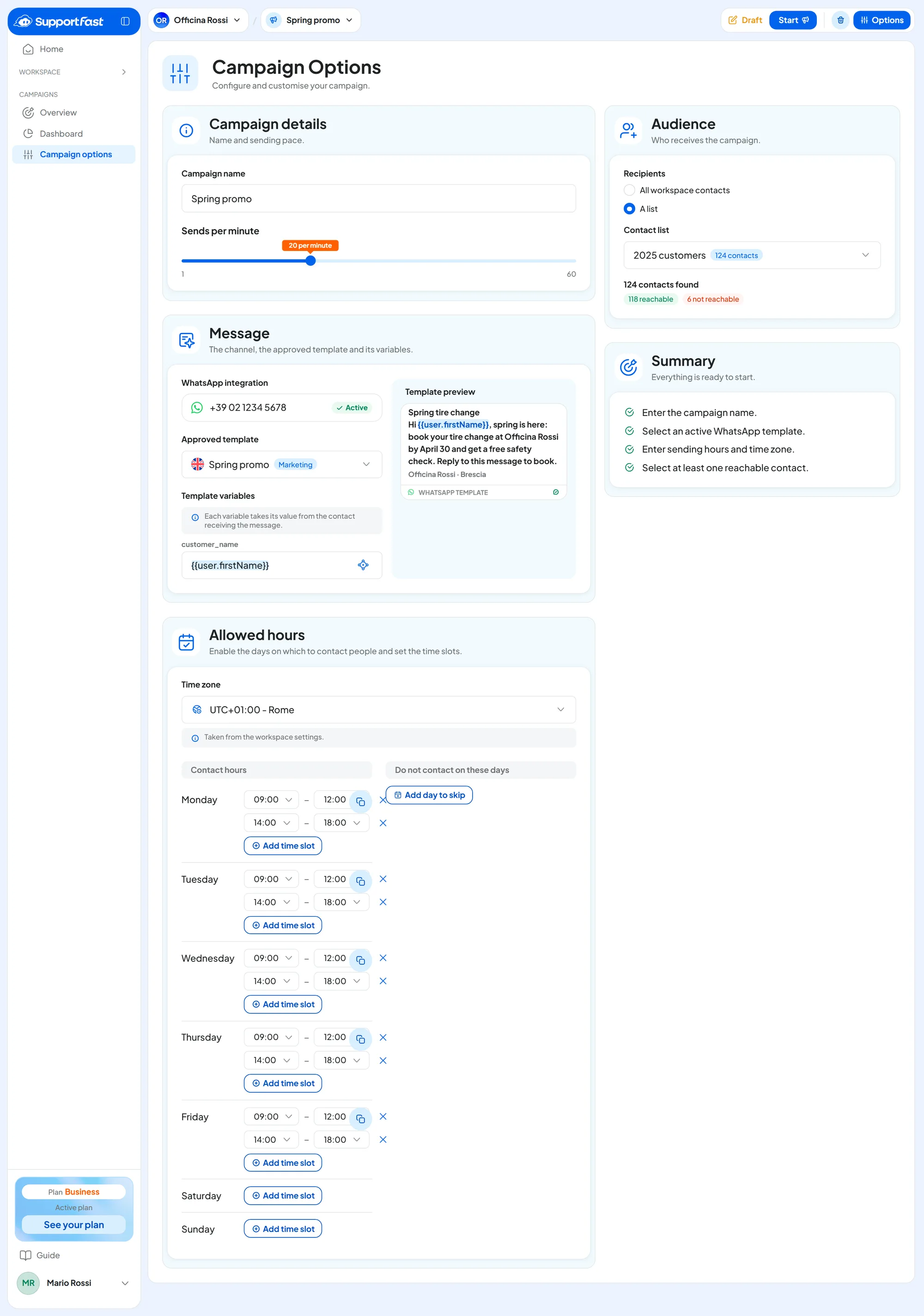 The options of the Spring promo WhatsApp campaign: the Spring promo template with the customer_name variable taken from the contact's first name, the preview, the 2025 customers list as audience and the summary “Everything is ready to start.”.