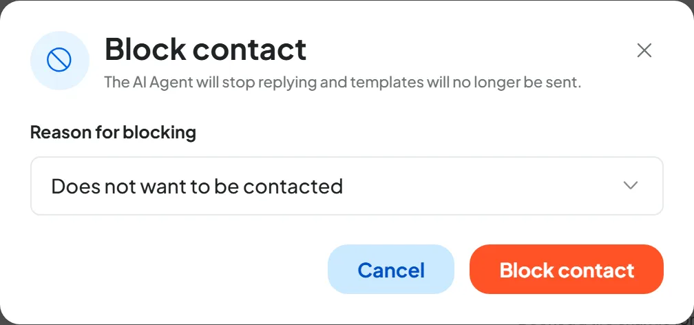 The Block contact window open on Mario Rossi's card, with the reason “Does not want to be contacted” selected and the Cancel and Block contact buttons.