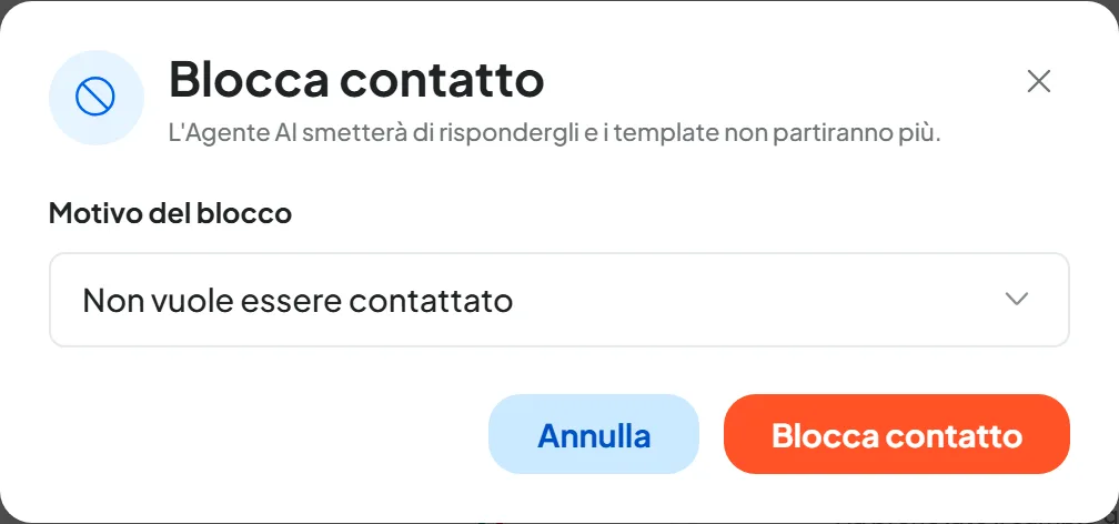 La finestra Blocca contatto aperta sulla scheda di Mario Rossi, con il motivo «Non vuole essere contattato» scelto e i pulsanti Annulla e Blocca contatto.