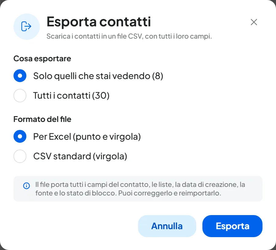 La finestra Esporta contatti sopra la lista Clienti VIP, con «Solo quelli che stai vedendo» e il formato «Per Excel (punto e virgola)» scelti.