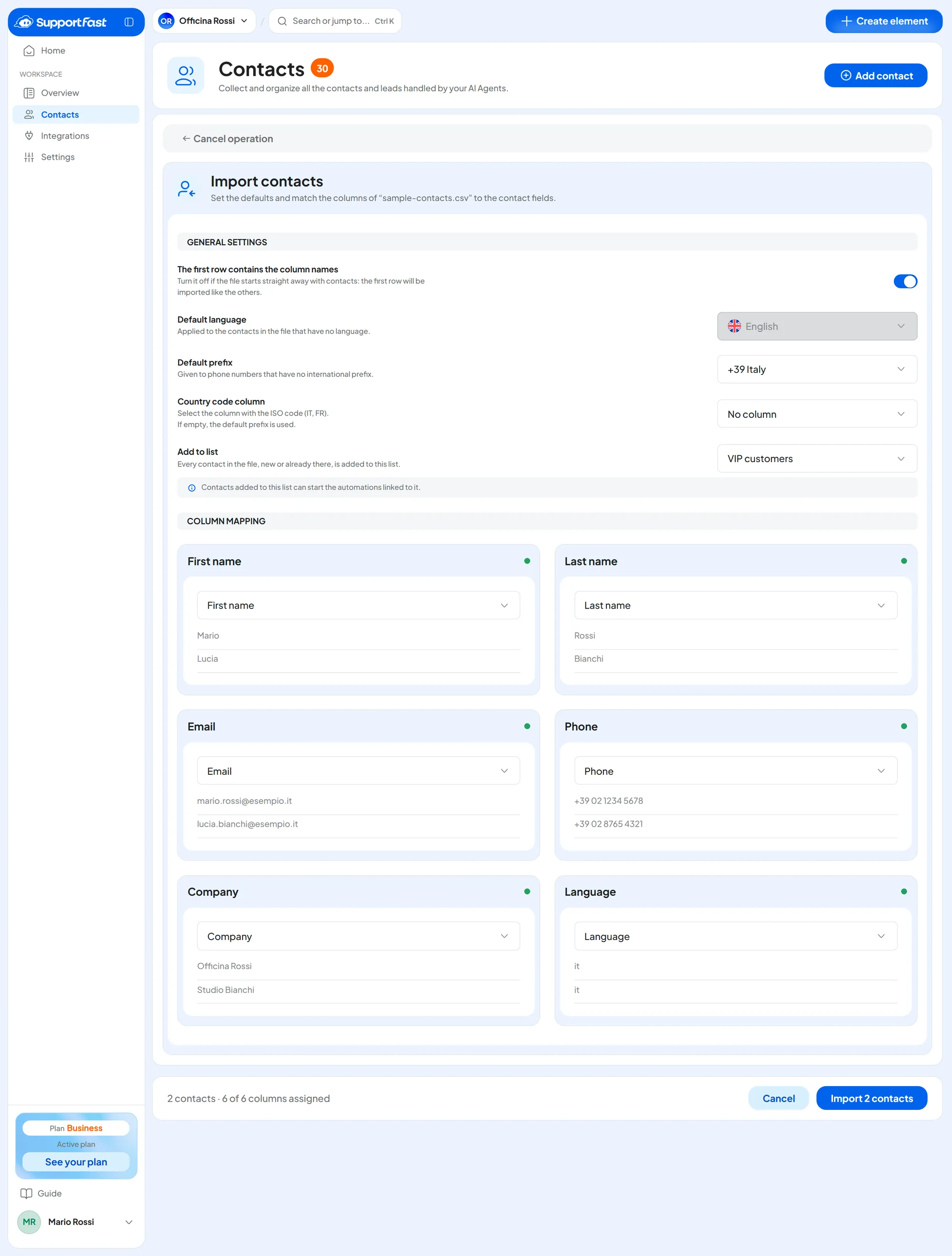 The Import contacts page with the General settings, the +39 Italy prefix, the VIP customers list and the six columns of the sample file assigned.