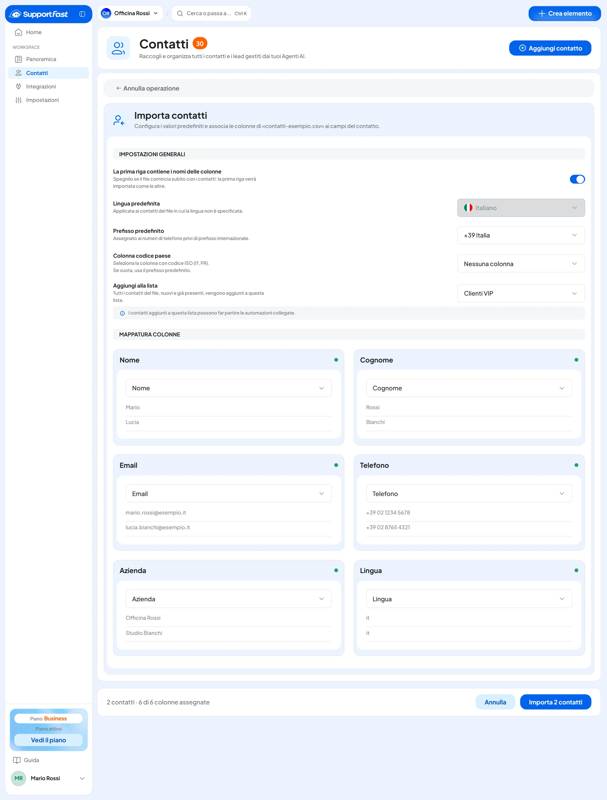 La pagina Importa contatti con le Impostazioni generali, il prefisso +39 Italia, la lista Clienti VIP e le sei colonne del file d'esempio assegnate.