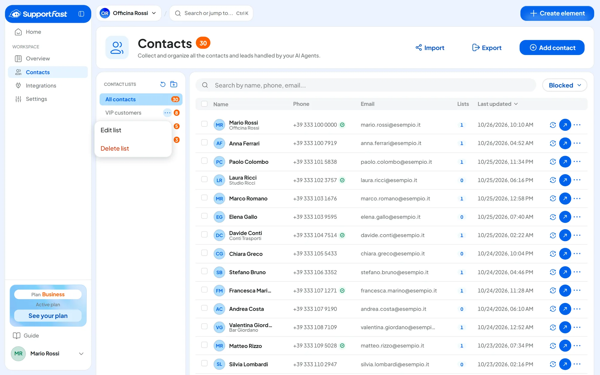 The Contact lists column with VIP customers, To call back and Webinar leads, and the menu of the VIP customers list open with Edit list and Delete list.