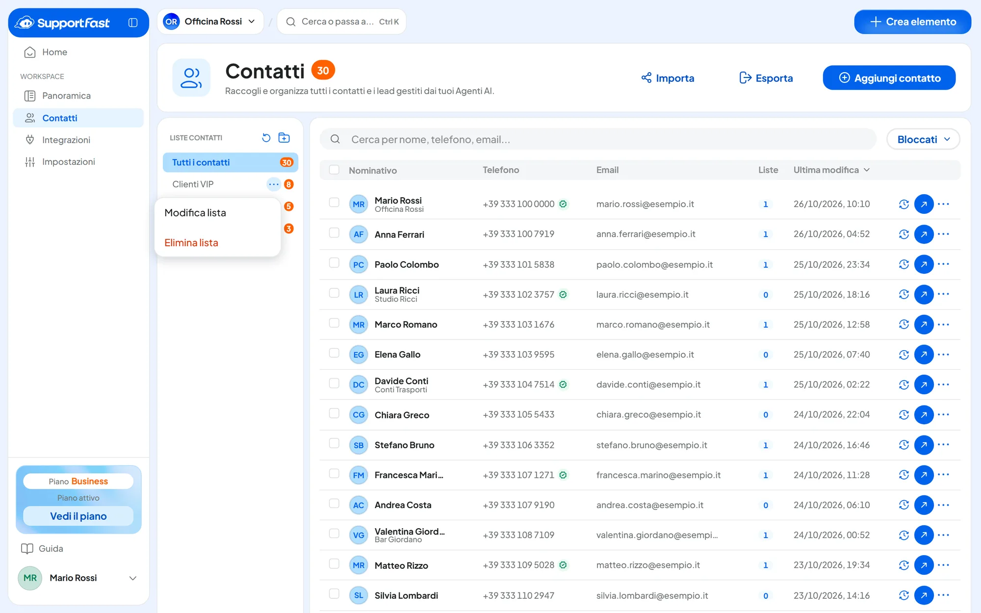 La colonna Liste contatti con Clienti VIP, Da richiamare e Lead Webinar, e il menu della lista Clienti VIP aperto con Modifica lista ed Elimina lista.