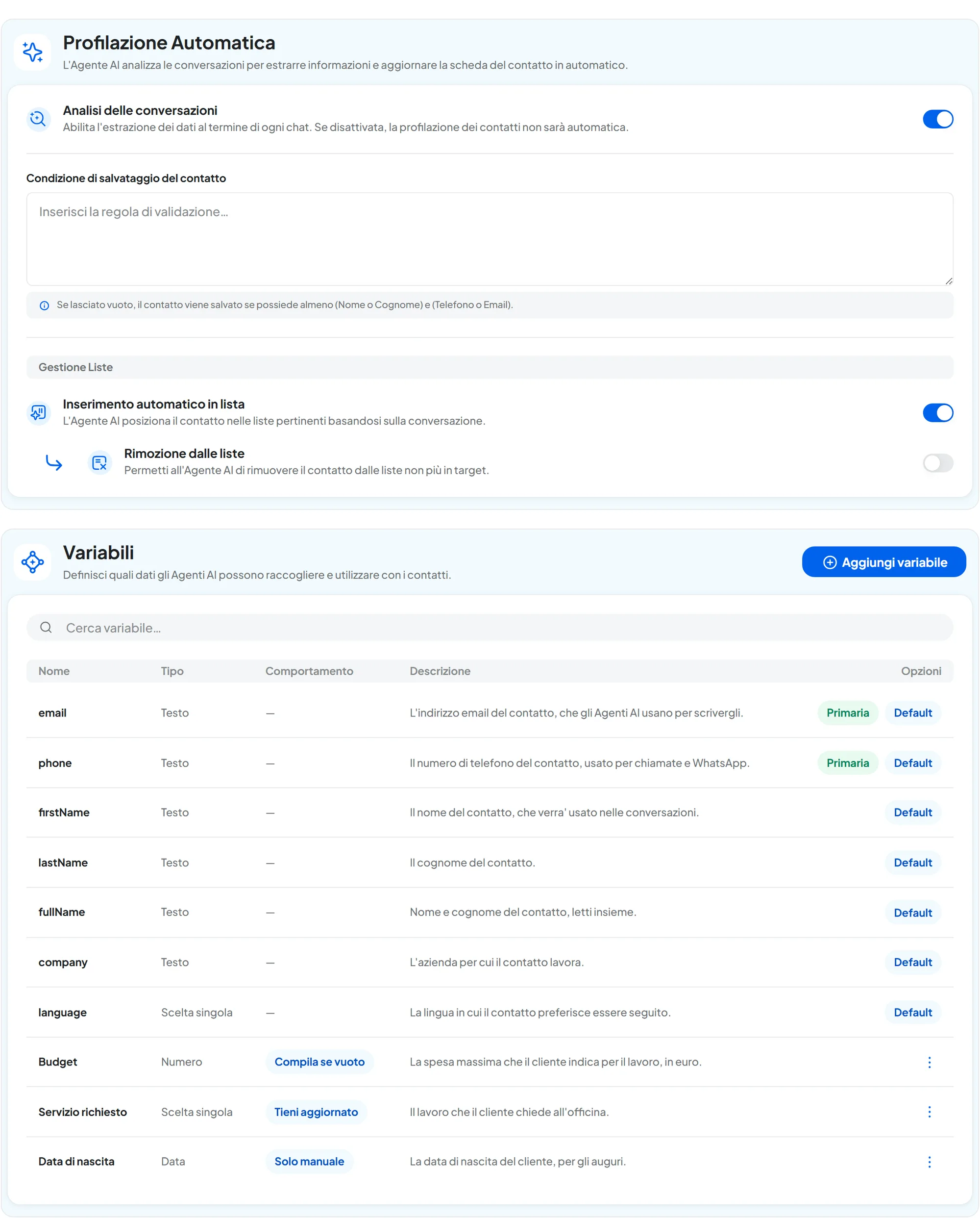 La scheda Contatti delle impostazioni del workspace: Profilazione Automatica accesa con l'inserimento automatico in lista e le Variabili standard più Budget, Servizio richiesto e Data di nascita.