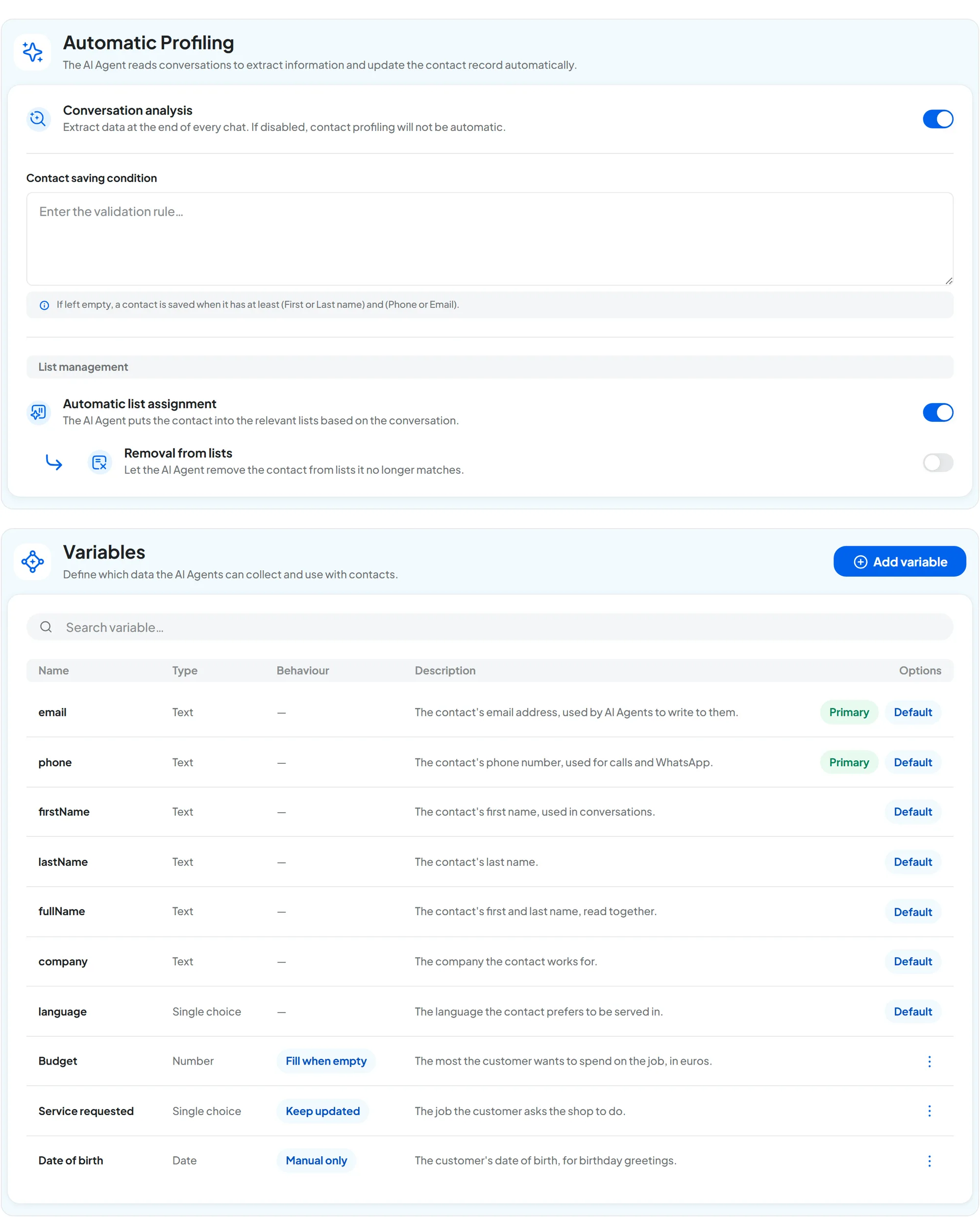 The Contacts tab of the workspace settings: Automatic Profiling turned on with automatic list assignment, and the standard Variables plus Budget, Service requested and Date of birth.