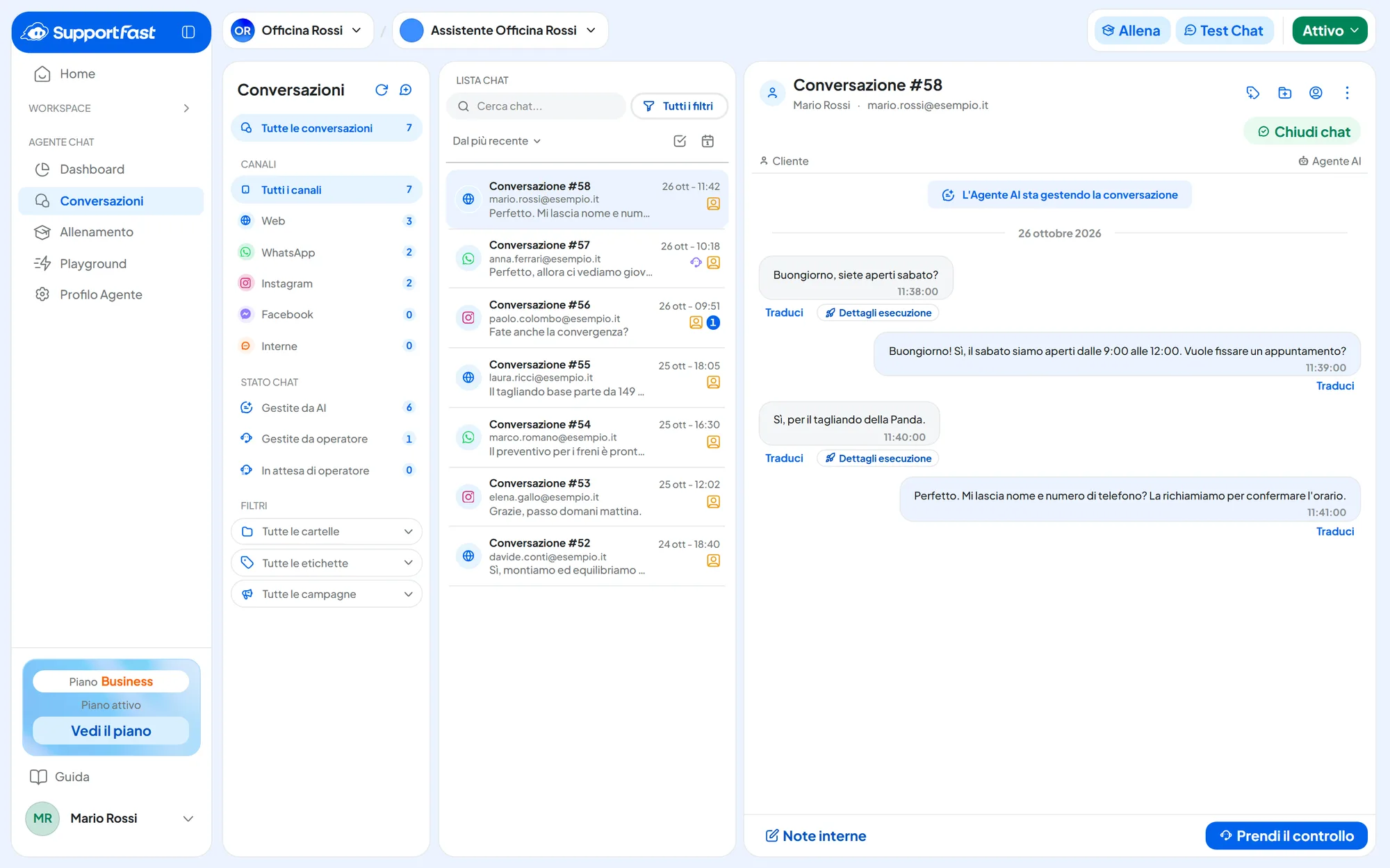La casella delle conversazioni dell'agente Assistente Officina Rossi: filtri con i numeri a sinistra, conversazioni dal sito, da WhatsApp e da Instagram al centro e, a destra, una chat gestita dall'Agente AI.