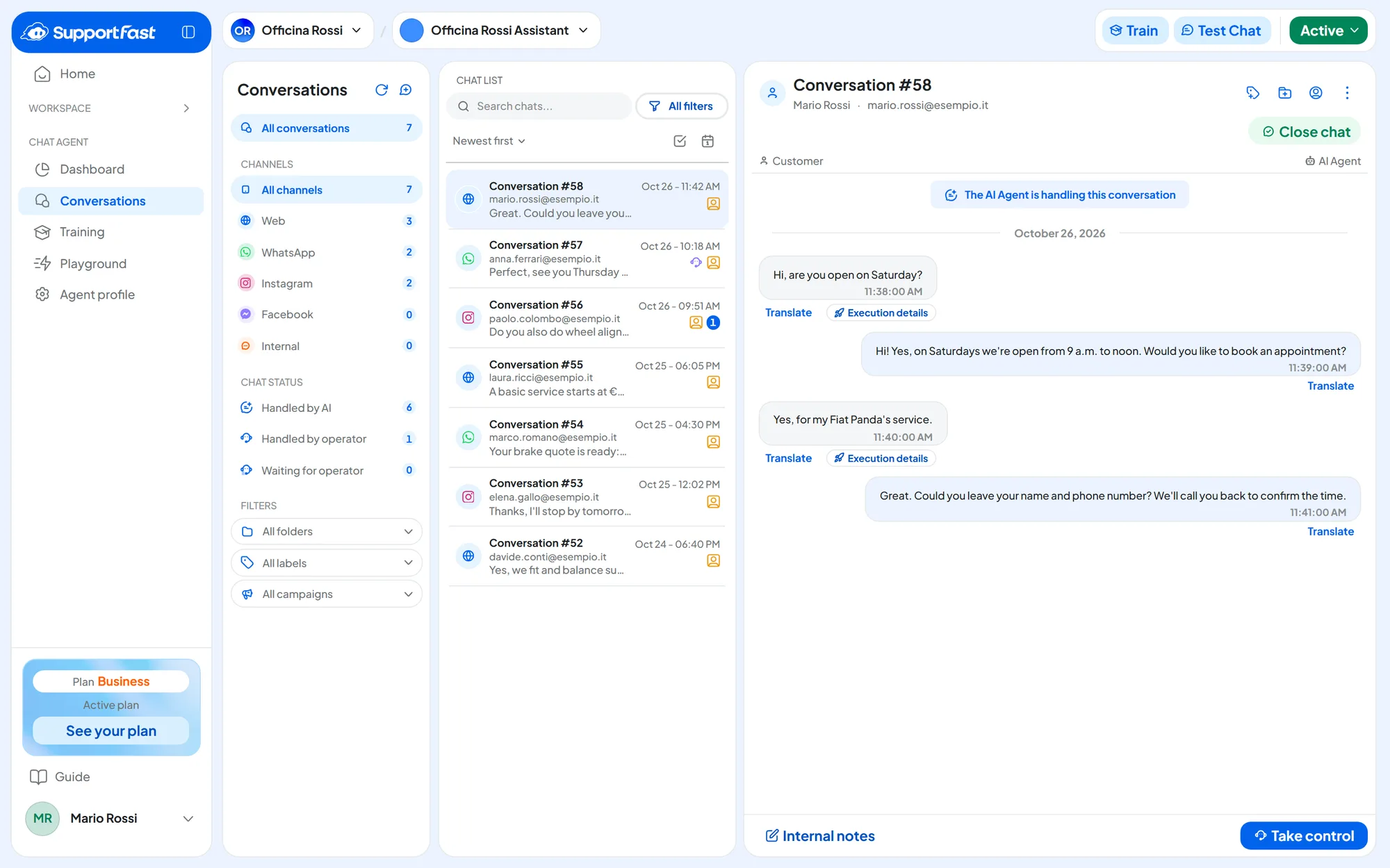 The conversations inbox of the Officina Rossi Assistant agent: filters with counts on the left, conversations from the website, WhatsApp and Instagram in the middle and, on the right, a chat handled by the AI Agent.