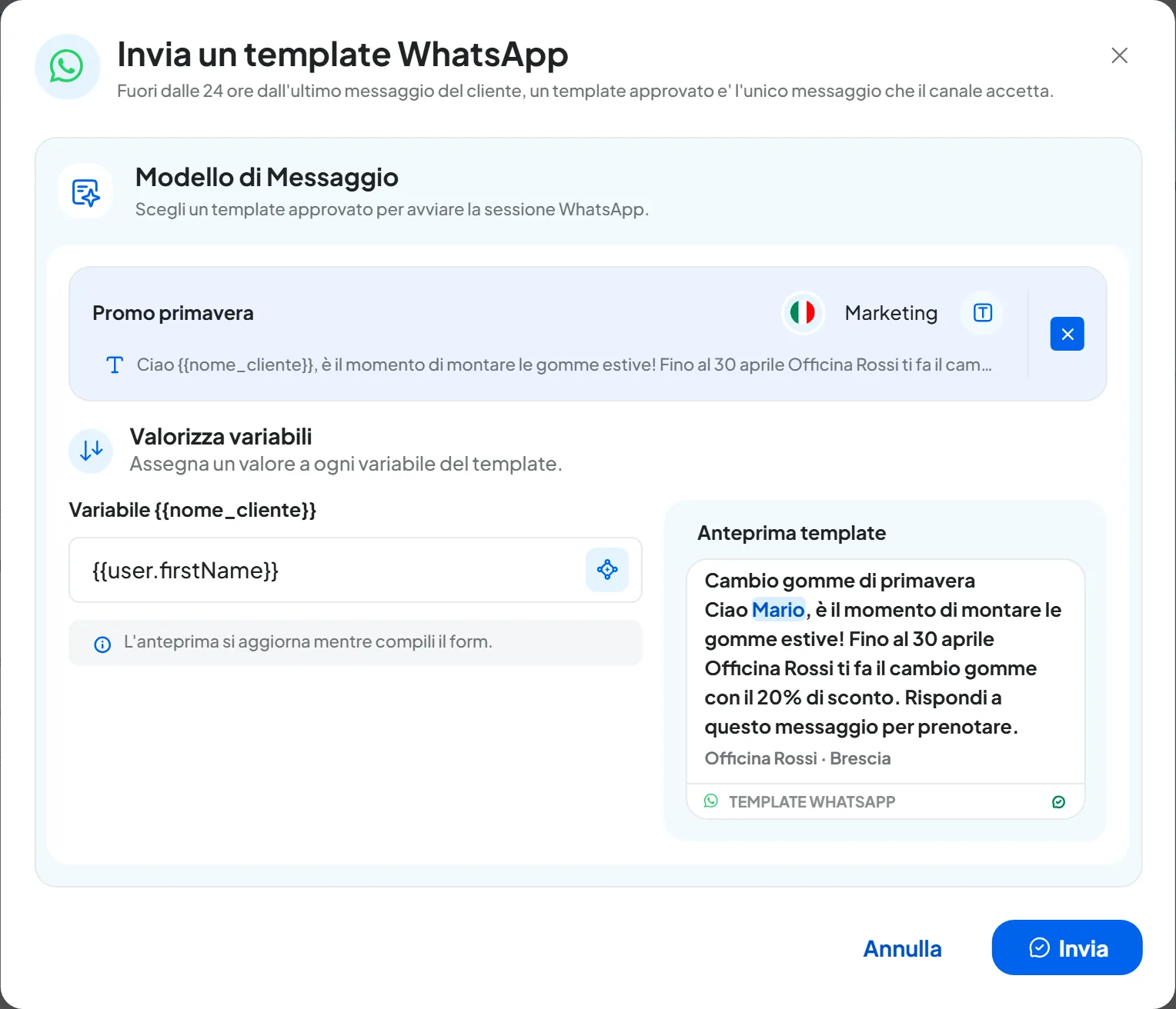 La finestra Invia un template WhatsApp su una conversazione di Mario Rossi: template scelto, variabile compilata con il nome del contatto e anteprima con il nome già inserito.