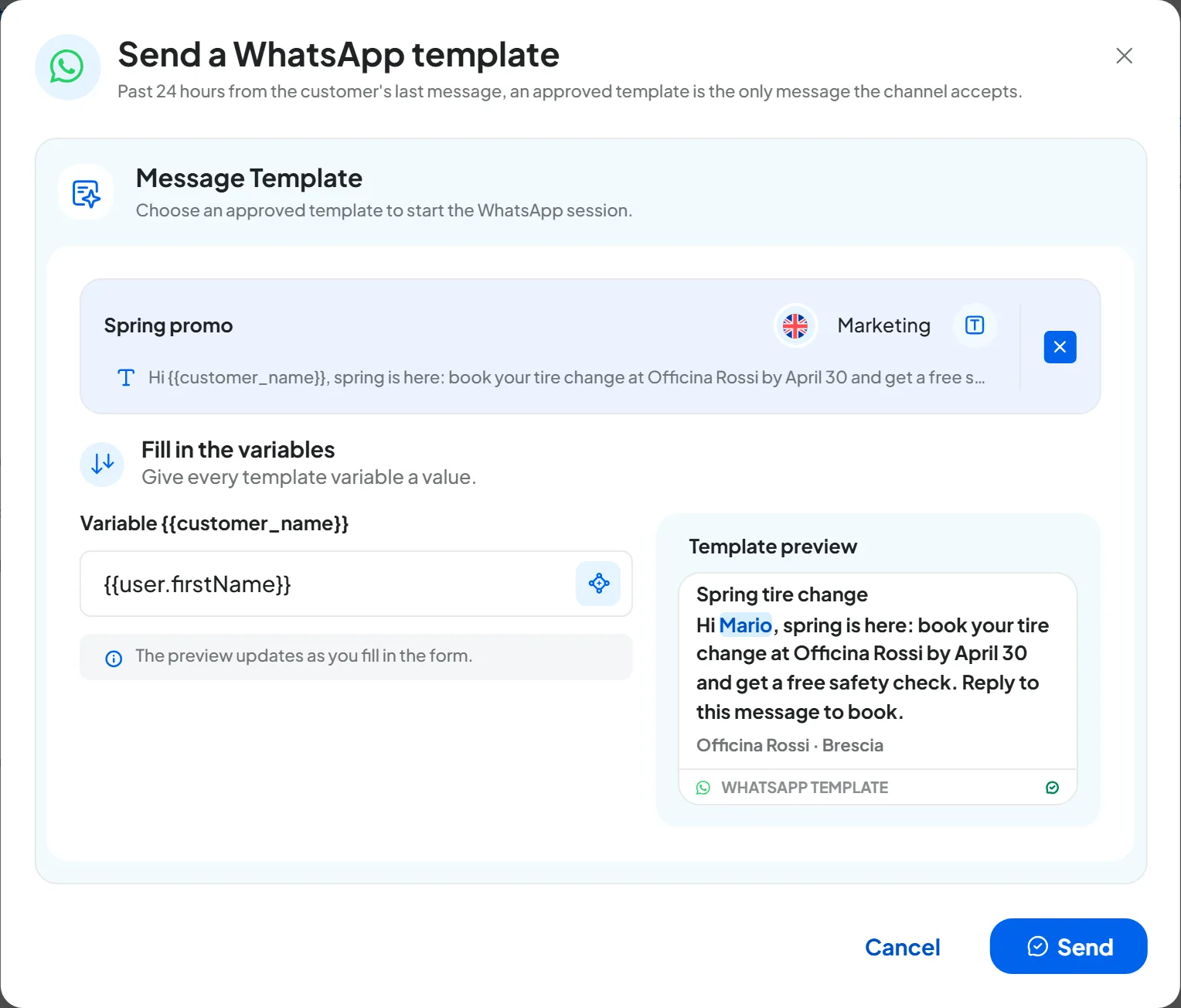 The Send a WhatsApp template window on a conversation with Mario Rossi: the chosen template, a variable filled in with the contact's name and the preview with the name already inserted.