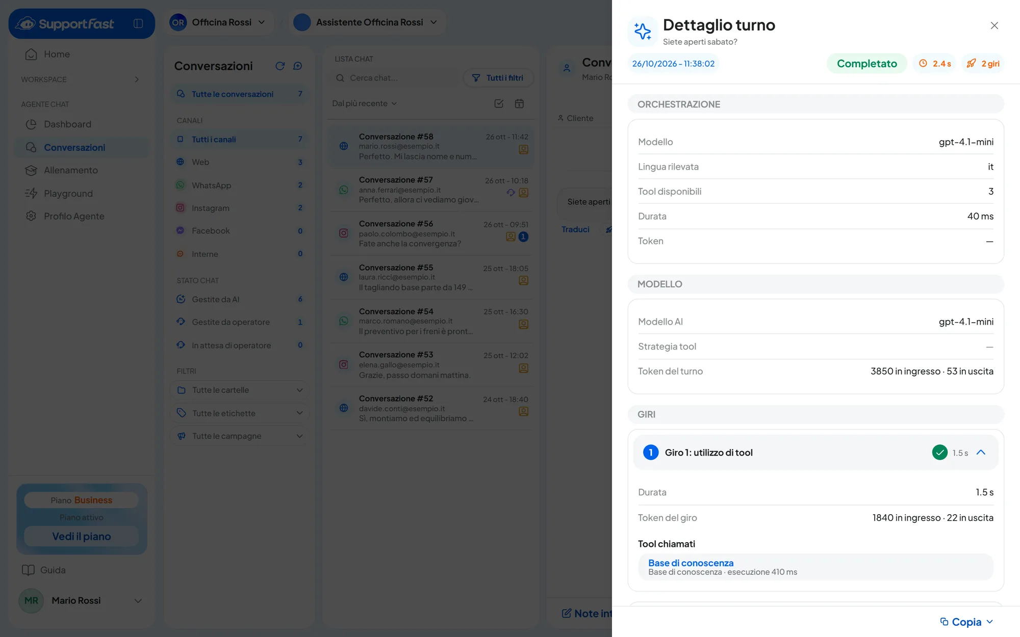 Una conversazione dal sito con la domanda «Siete aperti sabato?» e il pannello Dettaglio turno aperto a destra, completato, con la ricerca nella base di conoscenza fra i tool chiamati.