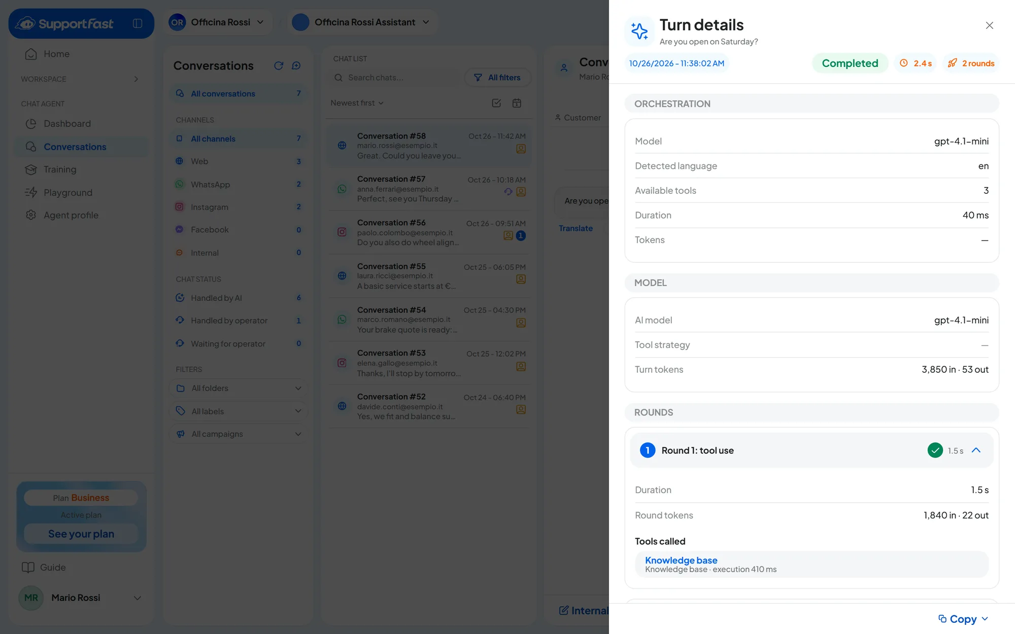 A website conversation with the question “Are you open on Saturday?” and the completed Turn details panel open on the right, with the knowledge base search among the tools called.