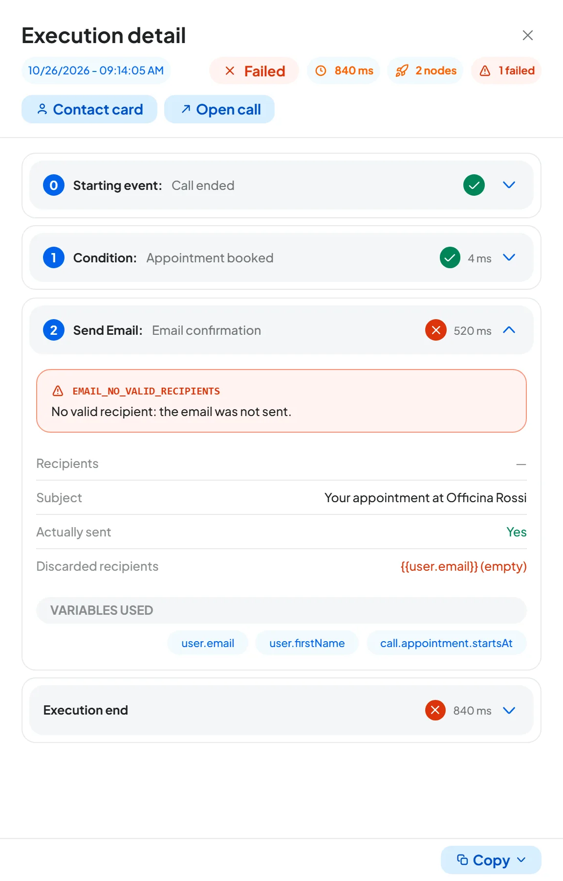 Detail of a failed run: Starting event Call ended, Condition succeeded on the Appointment branch, Send Email node with the No valid recipient error and the Execution end card.