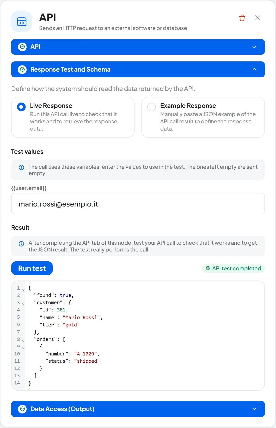 Panel of an API node after a successful test: the Response Test and Schema section with the test value of {{user.email}}, the API test completed pill and the response JSON.