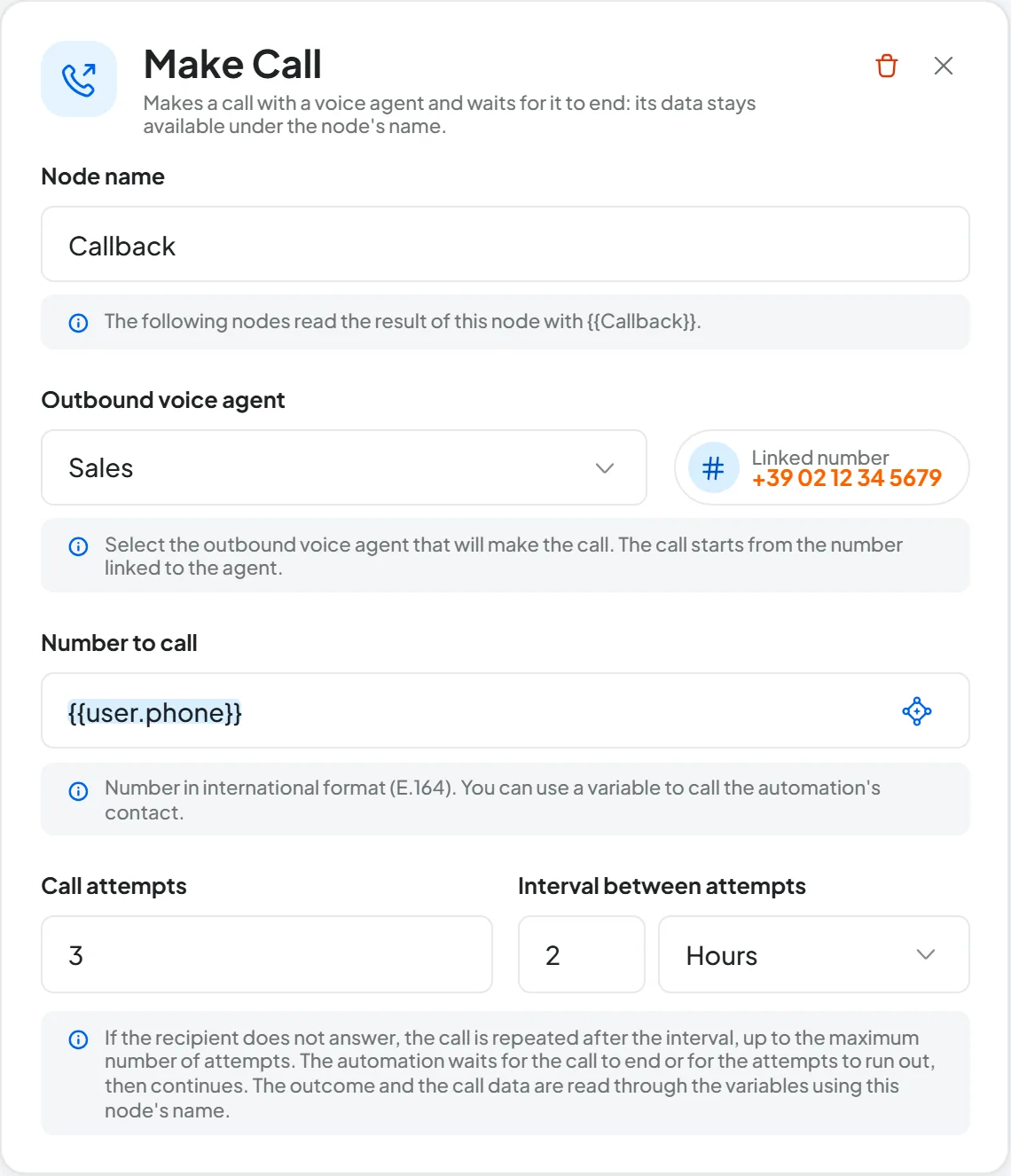 Make Call panel: name Callback, the Sales agent with the Linked number pill, number {{user.phone}}, 3 attempts every 2 hours.