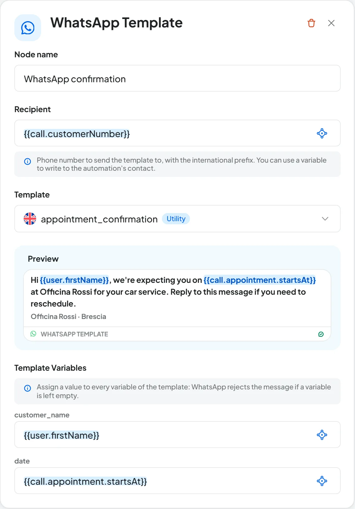 WhatsApp Template panel: recipient {{call.customerNumber}}, the appointment_confirmation template in English with its preview, customer_name {{user.firstName}} and date {{call.appointment.startsAt}}.