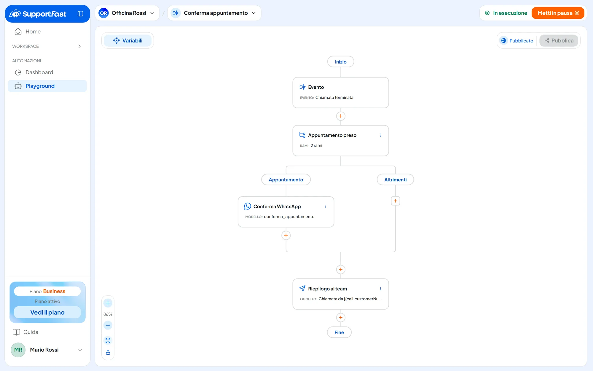 Playground dell'automazione Conferma appuntamento: trigger Chiamata terminata sull'agente Centralino, Condizione con i rami Appuntamento e Altrimenti, nodo Invia Email in fondo e barra di stato su Pubblicato.