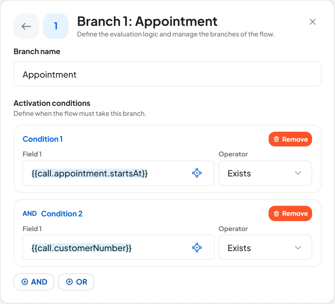 Panel of the Condition's Appointment branch: two conditions joined by AND, {{call.appointment.startsAt}} Exists and {{call.customerNumber}} Exists, with the AND and OR buttons.