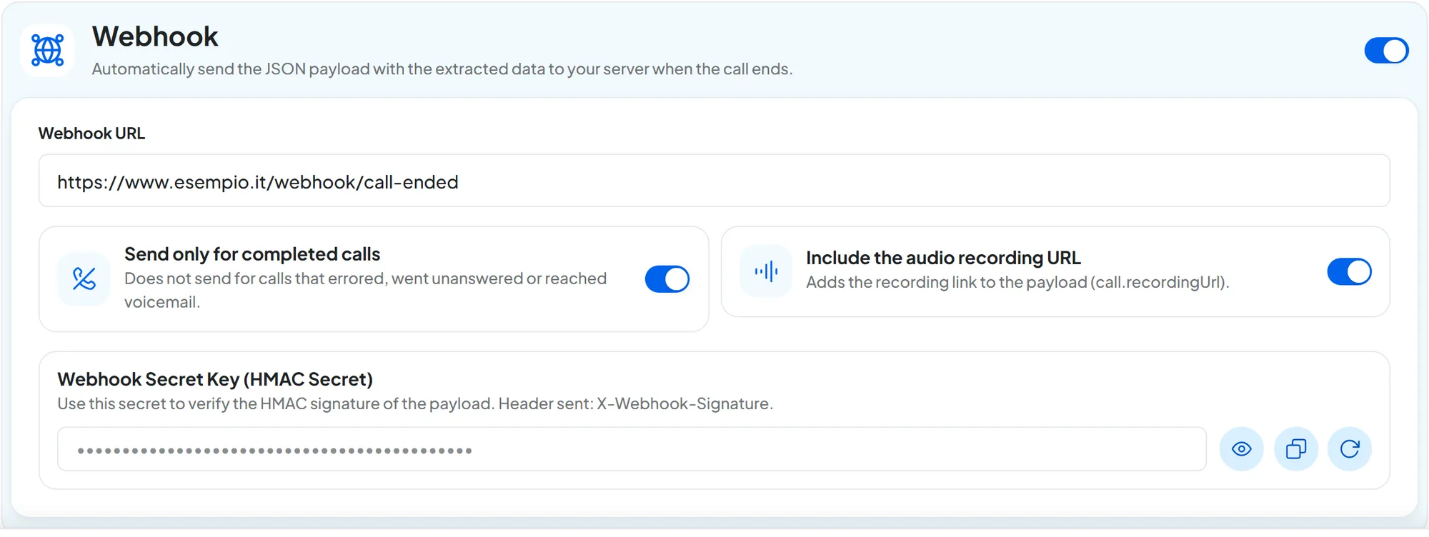 The voice agent's Post-call step: webhook on with the URL https://www.esempio.it/webhook/call-ended, the Send only for completed calls and Include the audio recording URL options on, and the hidden secret key with Show, Copy and Regenerate.