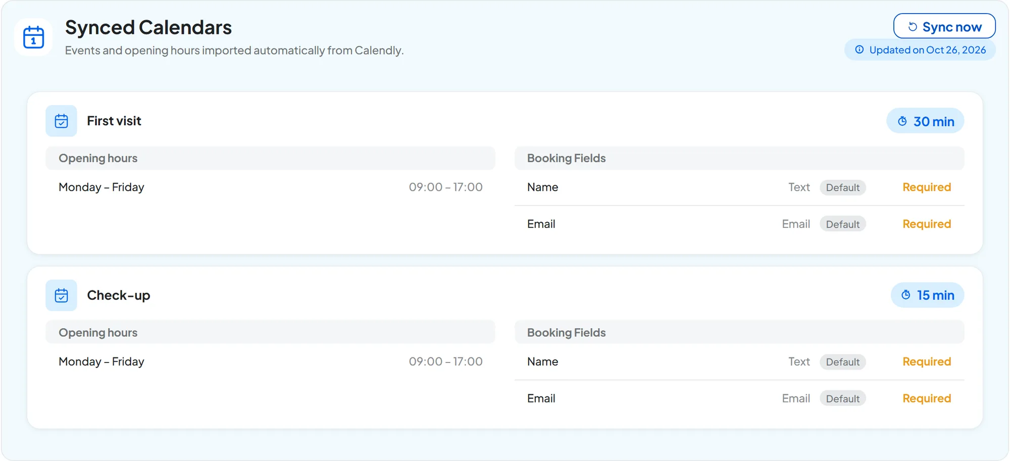 Calendly Synced Calendars panel with the event types First visit (30 minutes) and Check-up (15 minutes), hours Monday to Friday 9:00–17:00, and the required Name and Email fields.
