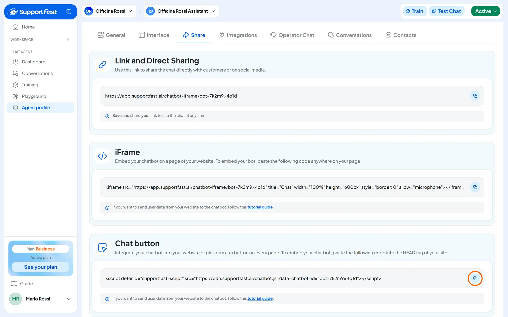 The Share tab of the Agent profile with the Link and Direct Sharing, iFrame and Chat button panels; the Copy button of the Chat button panel is highlighted.