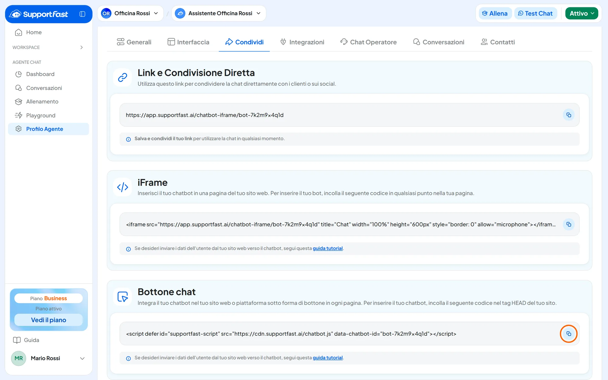 Scheda Condividi del Profilo Agente con i riquadri Link e Condivisione Diretta, iFrame e Bottone chat; evidenziato il pulsante Copia del Bottone chat.