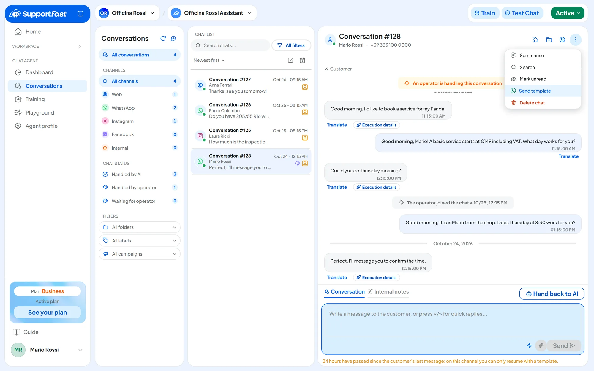 WhatsApp conversation with Mario Rossi, idle for two days and taken over by an operator: the Send button is disabled, a notice recalls the 24-hour window and the Chat options menu is open on Send template.