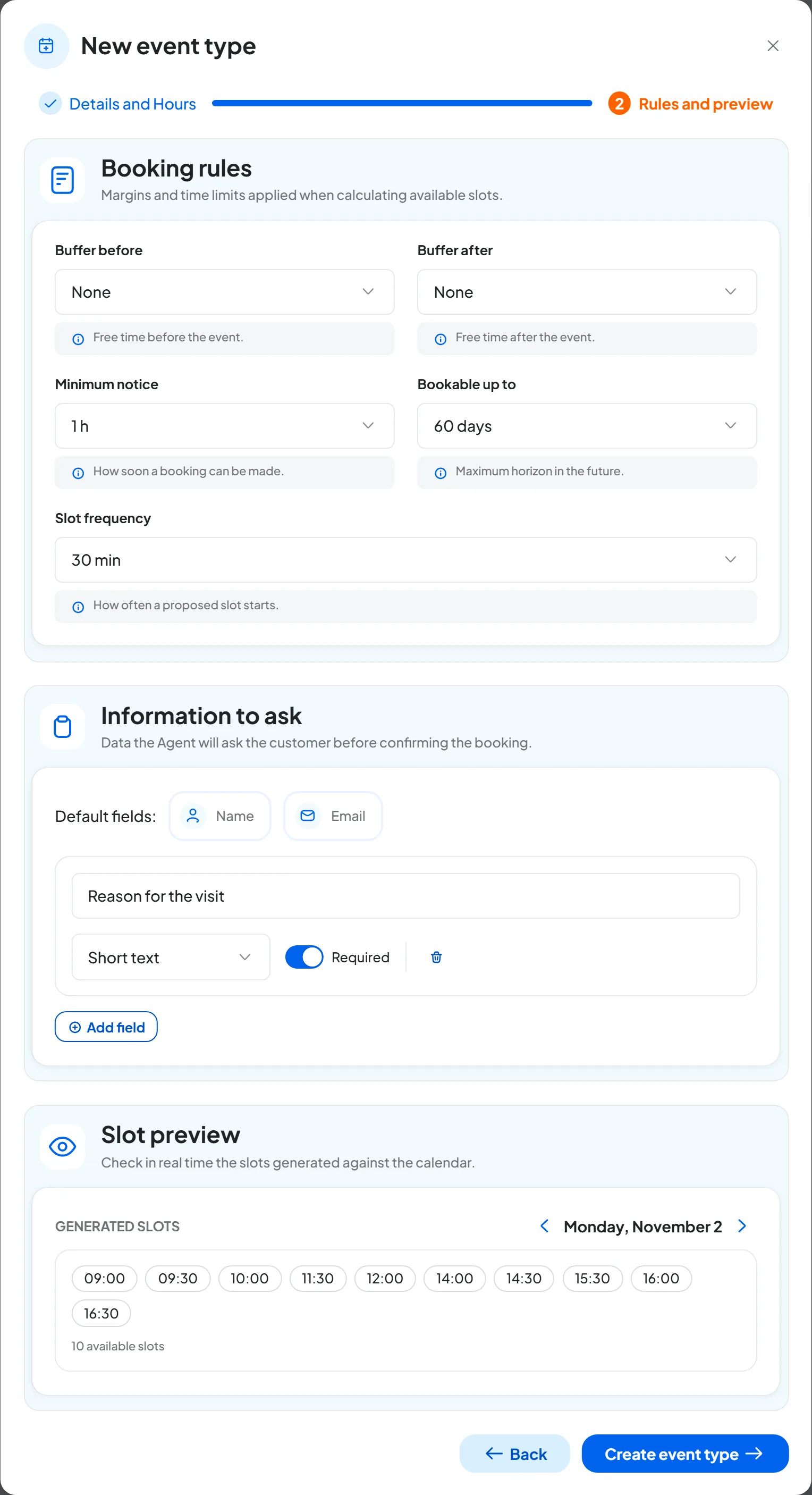 New event type window at the Rules and preview step: minimum notice of 1 hour, bookable up to 60 days, the Reason for the visit field and the preview of the day's free slots.