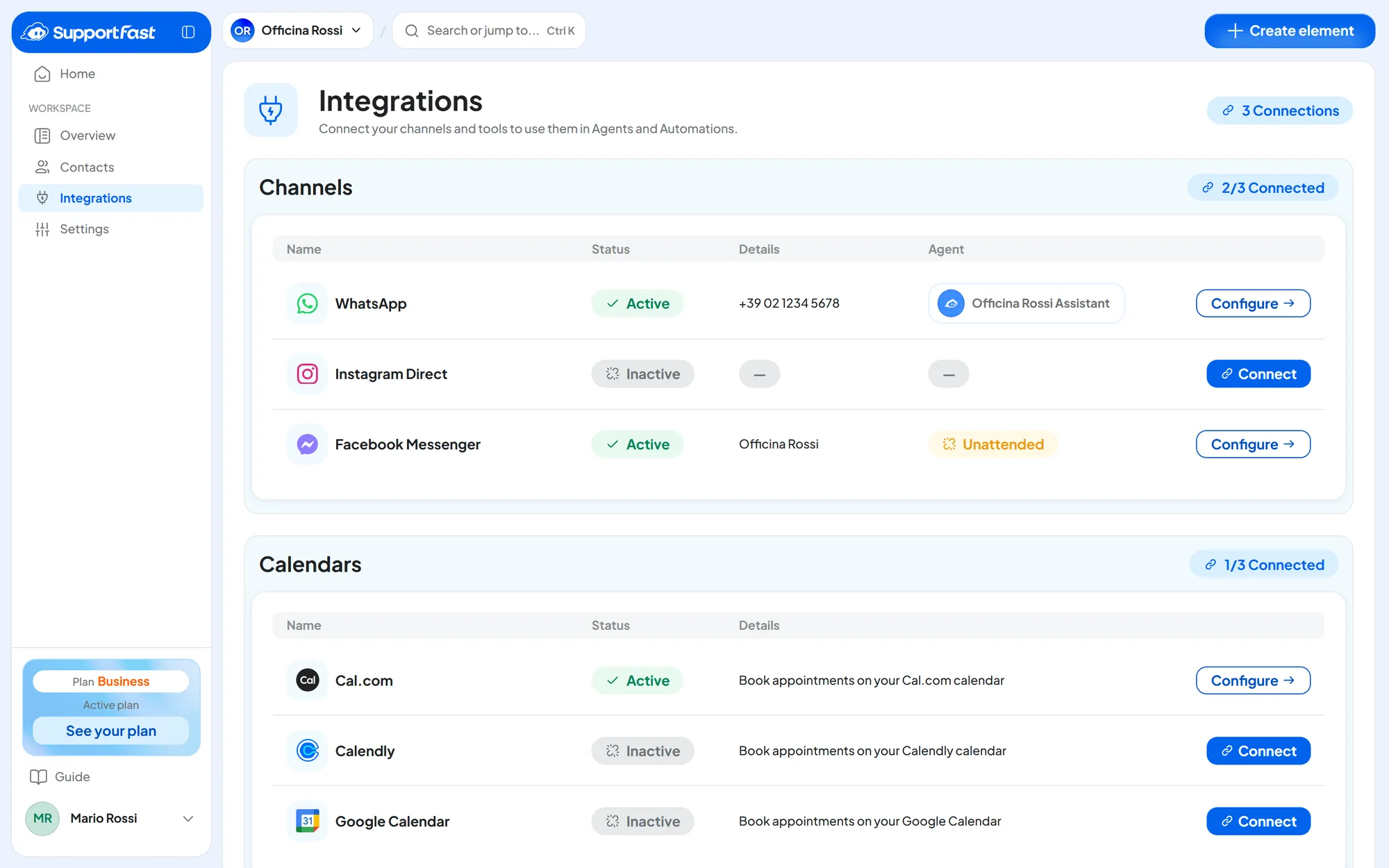 Integrations page of the Officina Rossi workspace: WhatsApp active with the Officina Rossi Assistant agent, Instagram Direct inactive, Messenger active but with no agent, and below the calendars with Cal.com active.