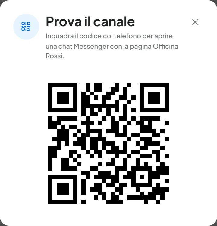 Finestra Prova il canale di Messenger con il codice QR da inquadrare per aprire una chat con la pagina Officina Rossi.