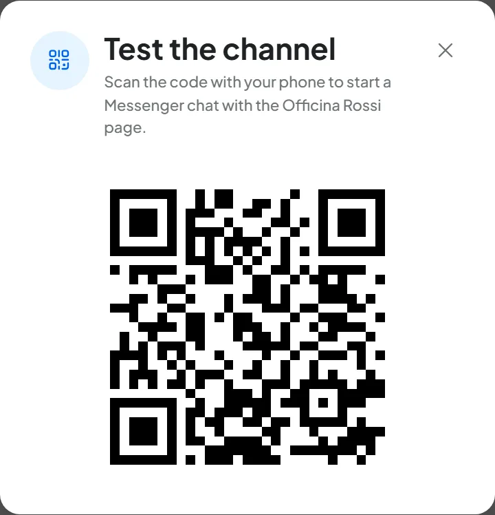 Messenger Test the channel window with the QR code to scan to open a chat with the Officina Rossi page.