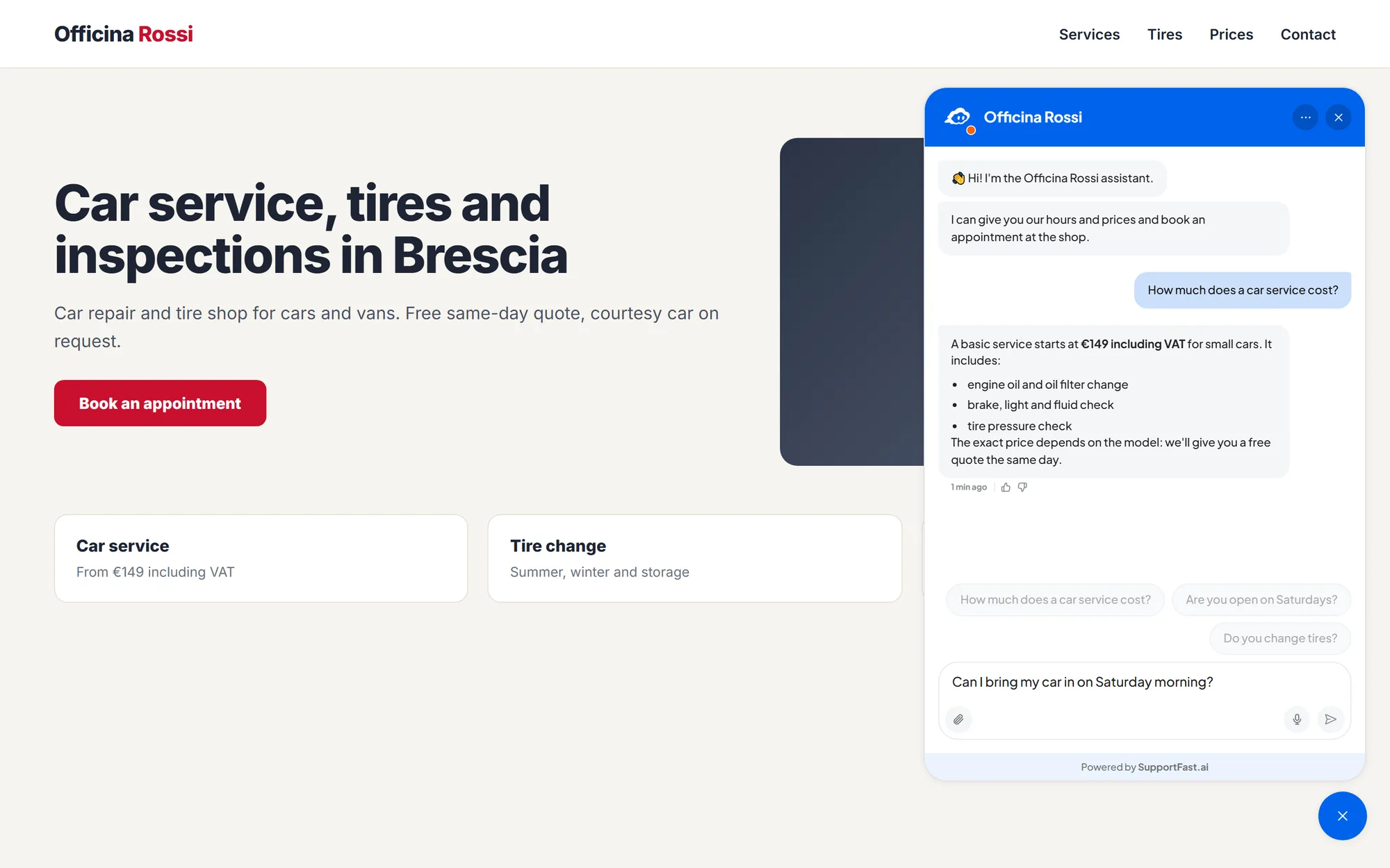The Officina Rossi test website with the chat open above the button: header with the name, welcome messages, a question about the car service with a bulleted answer, the suggested questions and the message field with paperclip and microphone.