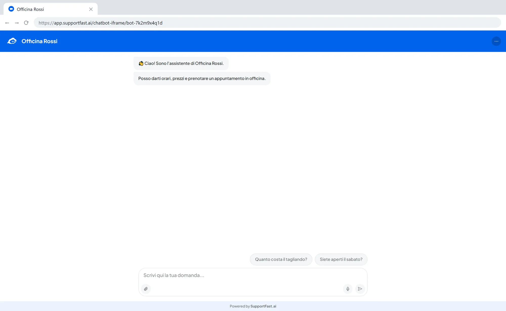 La chat di Officina Rossi a pagina intera in una scheda del browser: intestazione e campo di scrittura a tutta larghezza, messaggi di benvenuto e due domande suggerite nella colonna centrale.