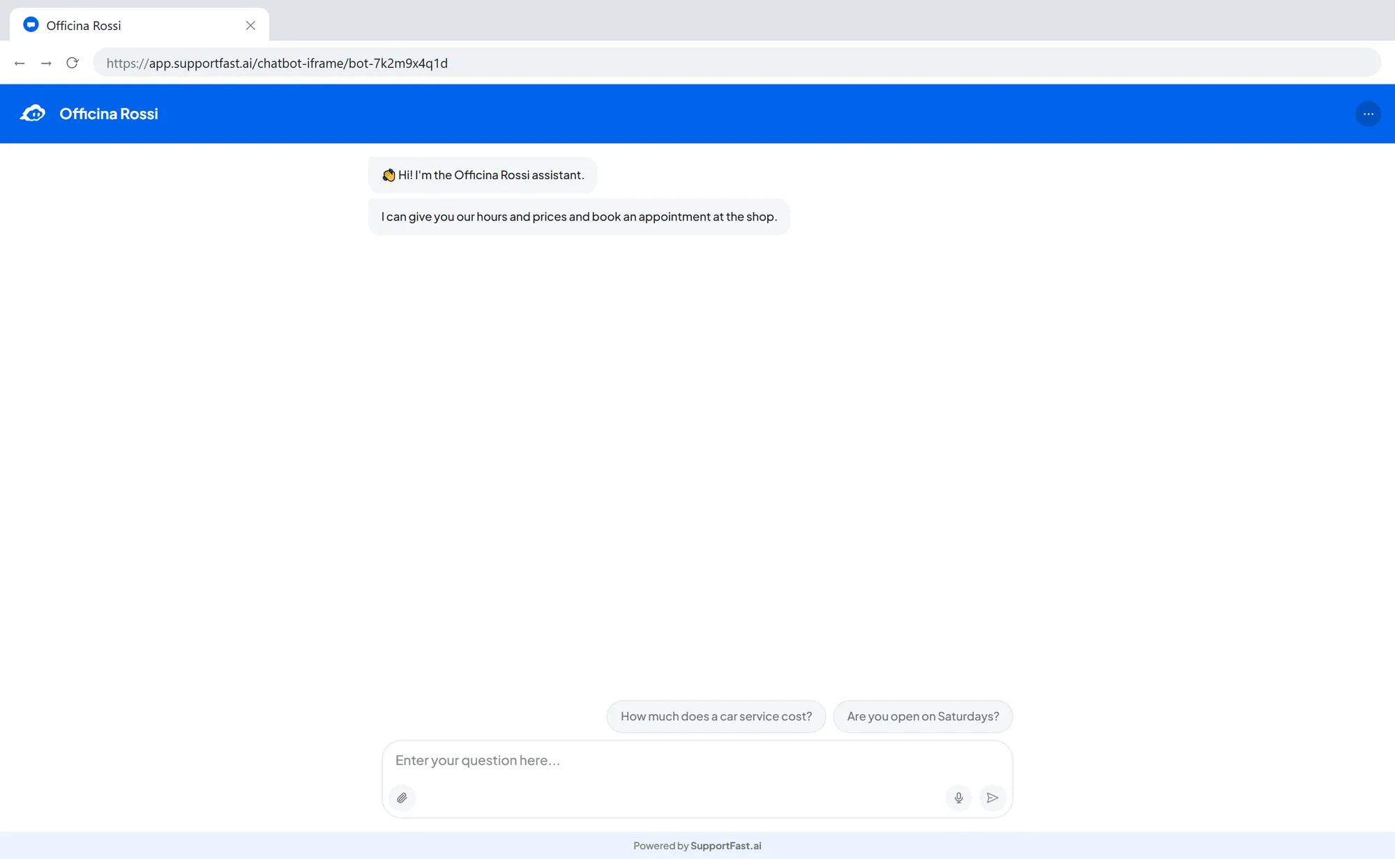 The Officina Rossi chat full page in a browser tab: header and message field at full width, welcome messages and two suggested questions in the center column.