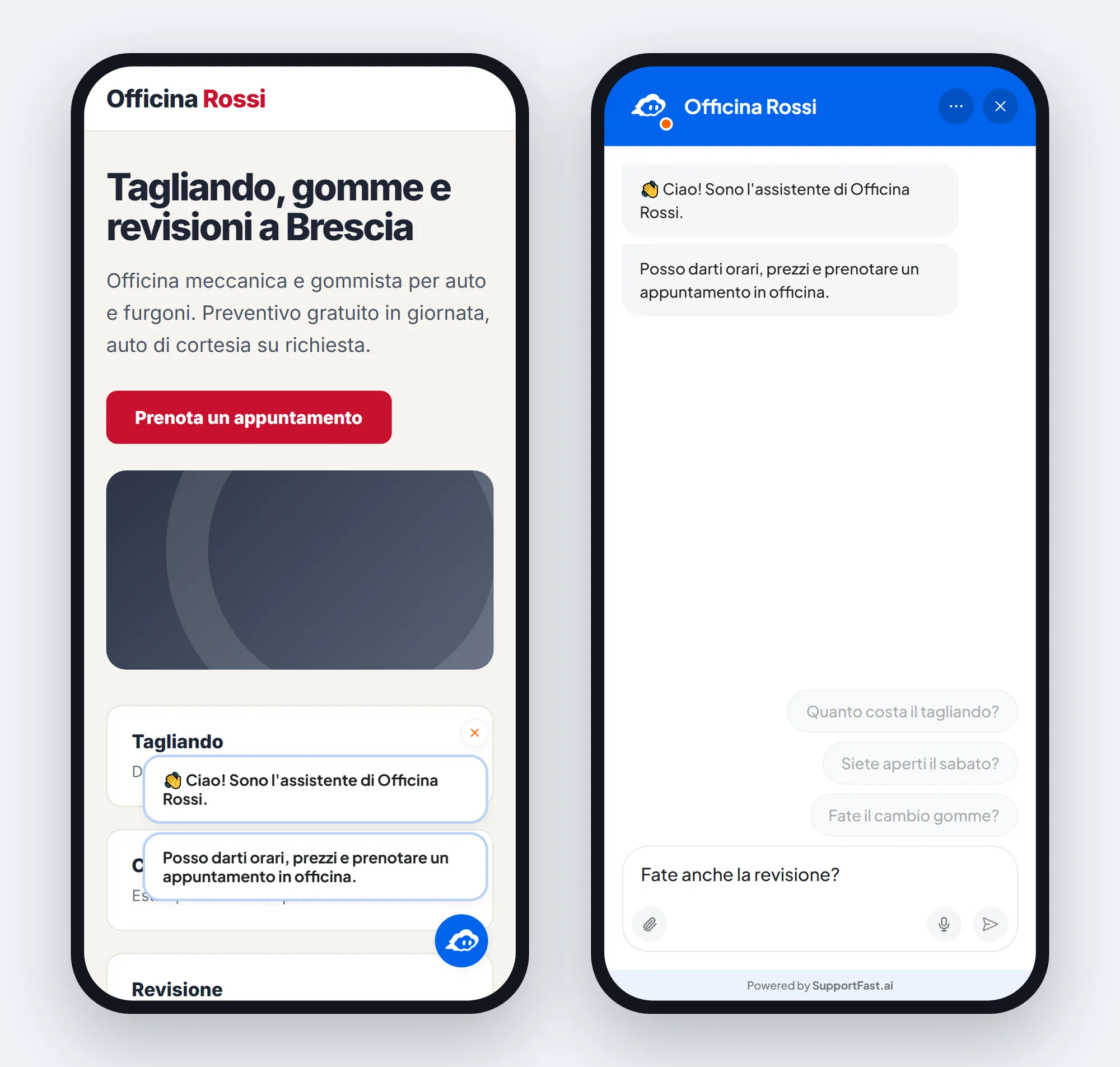 Due schermate da telefono del sito di prova di Officina Rossi: a sinistra la nuvola di benvenuto sopra il bottone chiuso, a destra la chat aperta a tutto schermo con i messaggi di benvenuto e le domande suggerite.