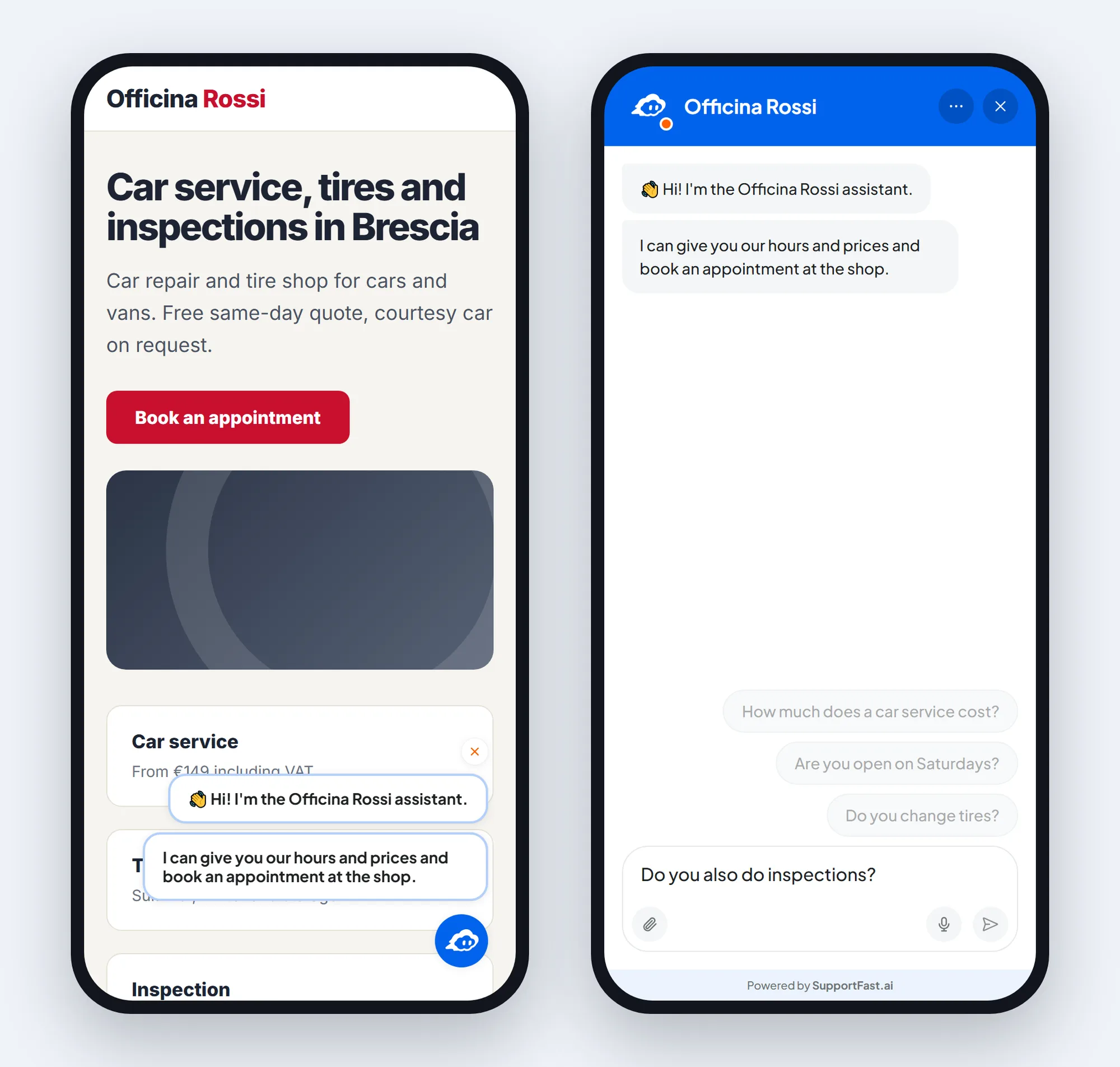 Two phone screenshots of the Officina Rossi test website: on the left the welcome bubble above the closed button, on the right the chat open full screen with the welcome messages and the suggested questions.