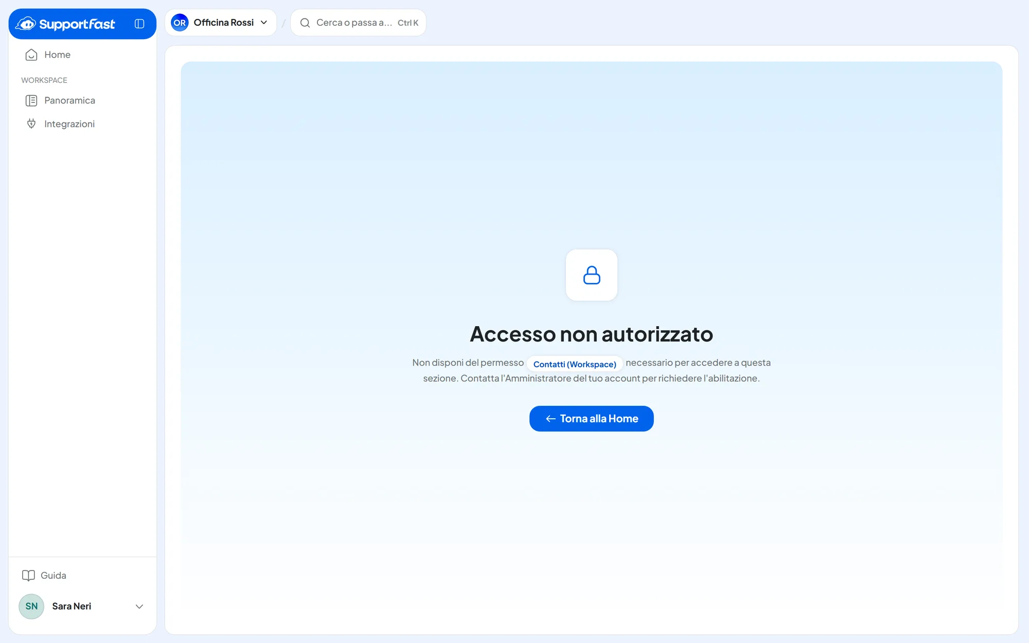 Il riquadro «Accesso non autorizzato» aperto da un utente Reader sul link della pagina Contatti: indica il permesso mancante «Contatti (Workspace)» e il pulsante «Torna alla Home».