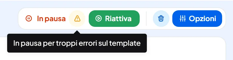 La barra alta della campagna WhatsApp «Promo di primavera»: stato «In pausa» in rosso, segno giallo con il suggerimento «In pausa per troppi errori sul template» e pulsante Riattiva.