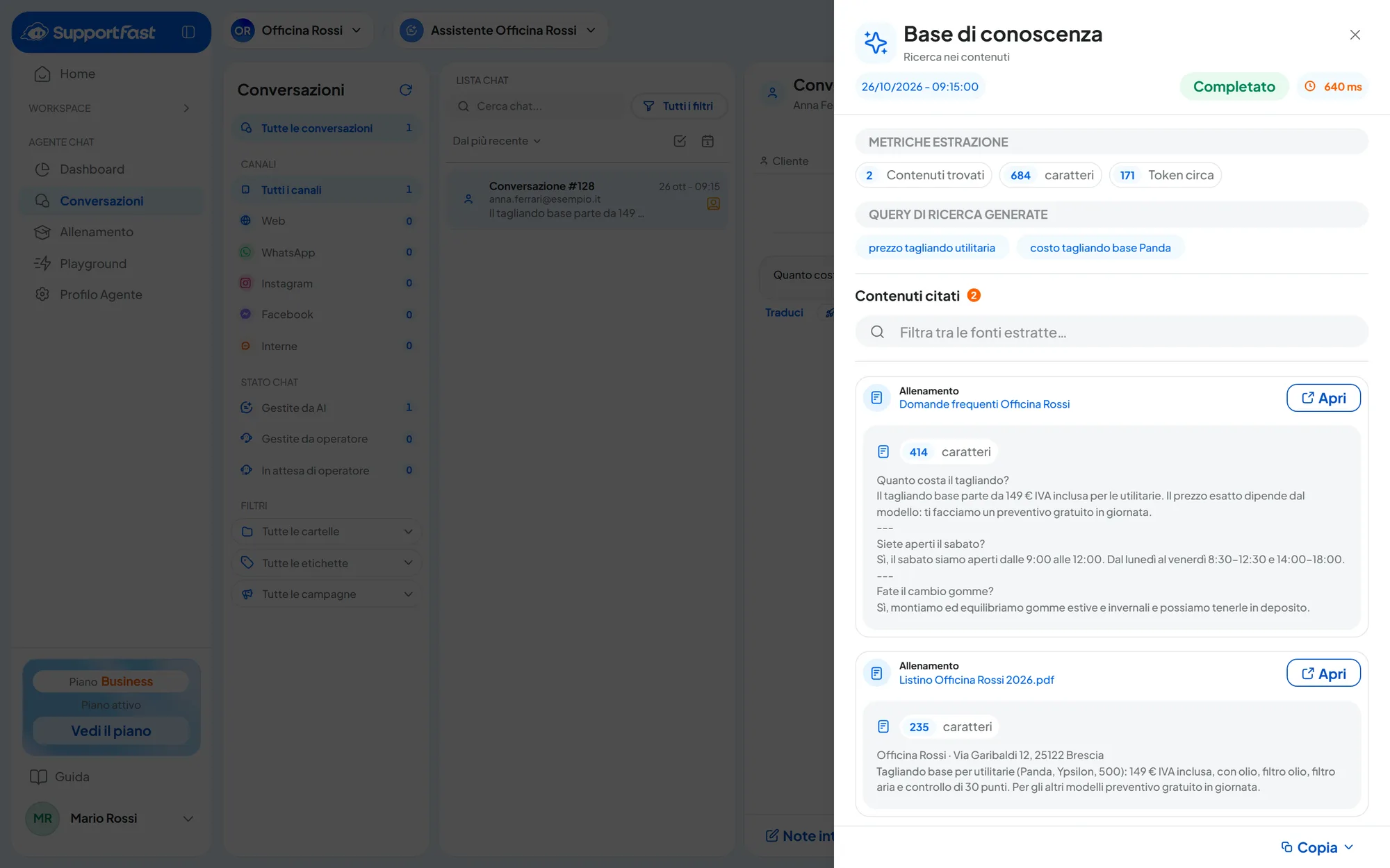 Una conversazione dell'agente Assistente Officina Rossi con l'etichetta Knowledge Base aperta: a destra il pannello «Base di conoscenza» con i due contenuti citati e il comando «Apri l'allenamento».