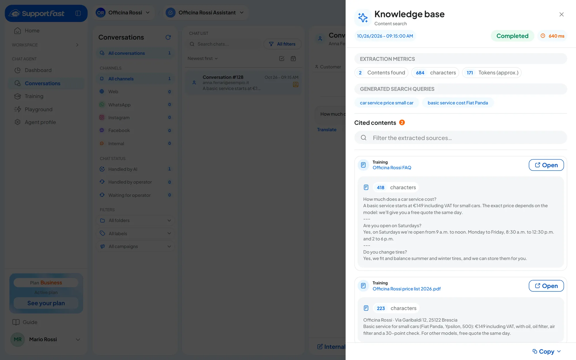 A conversation of the Officina Rossi Assistant agent with the Knowledge Base label open: on the right, the “Knowledge base” panel with the two cited contents, each with the Open button to open the training.