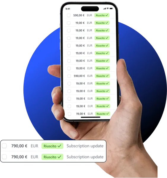 A hand holding a smartphone with the list of successful recurring payments collected with Stripe