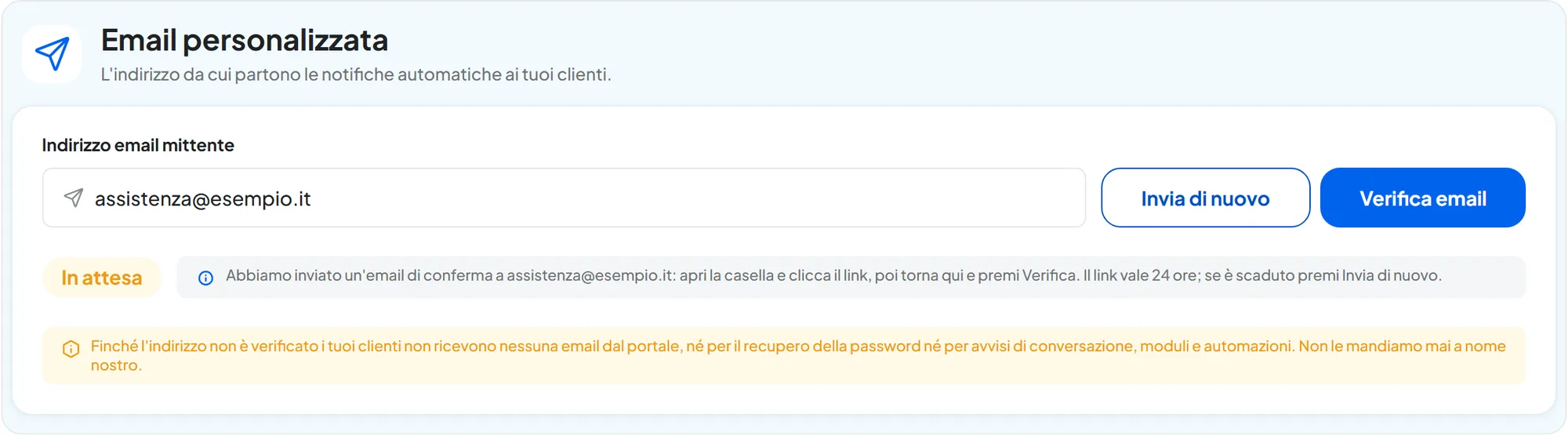 Il riquadro Email personalizzata con assistenza@esempio.it «In attesa», i pulsanti Invia di nuovo e Verifica email e l'avviso giallo sulle email che non partono.