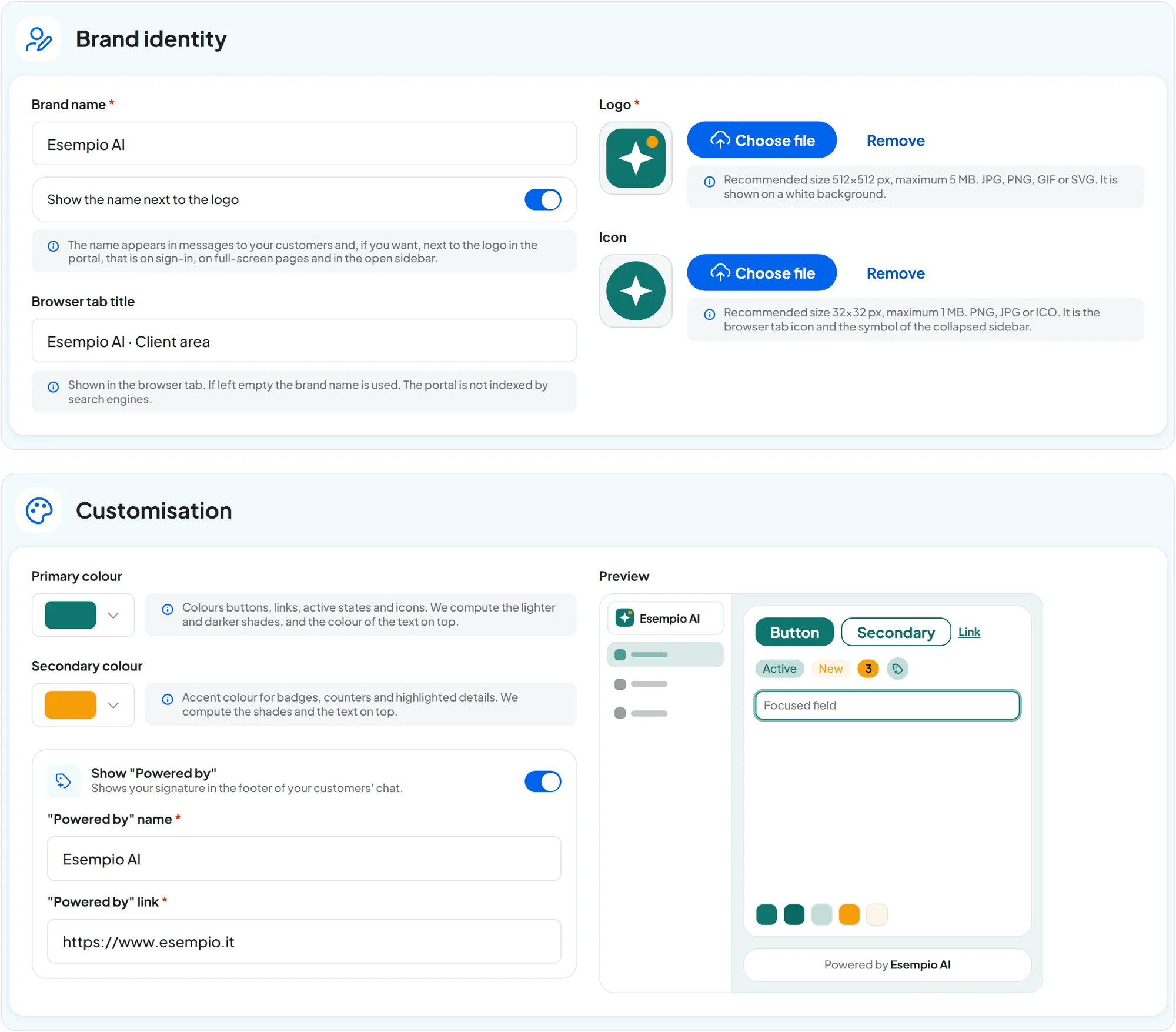 The Brand identity and Customisation panels filled in for the Esempio AI brand: name, logo, icon, tab title, primary and secondary colors, the signature turned on, and the preview on the right.