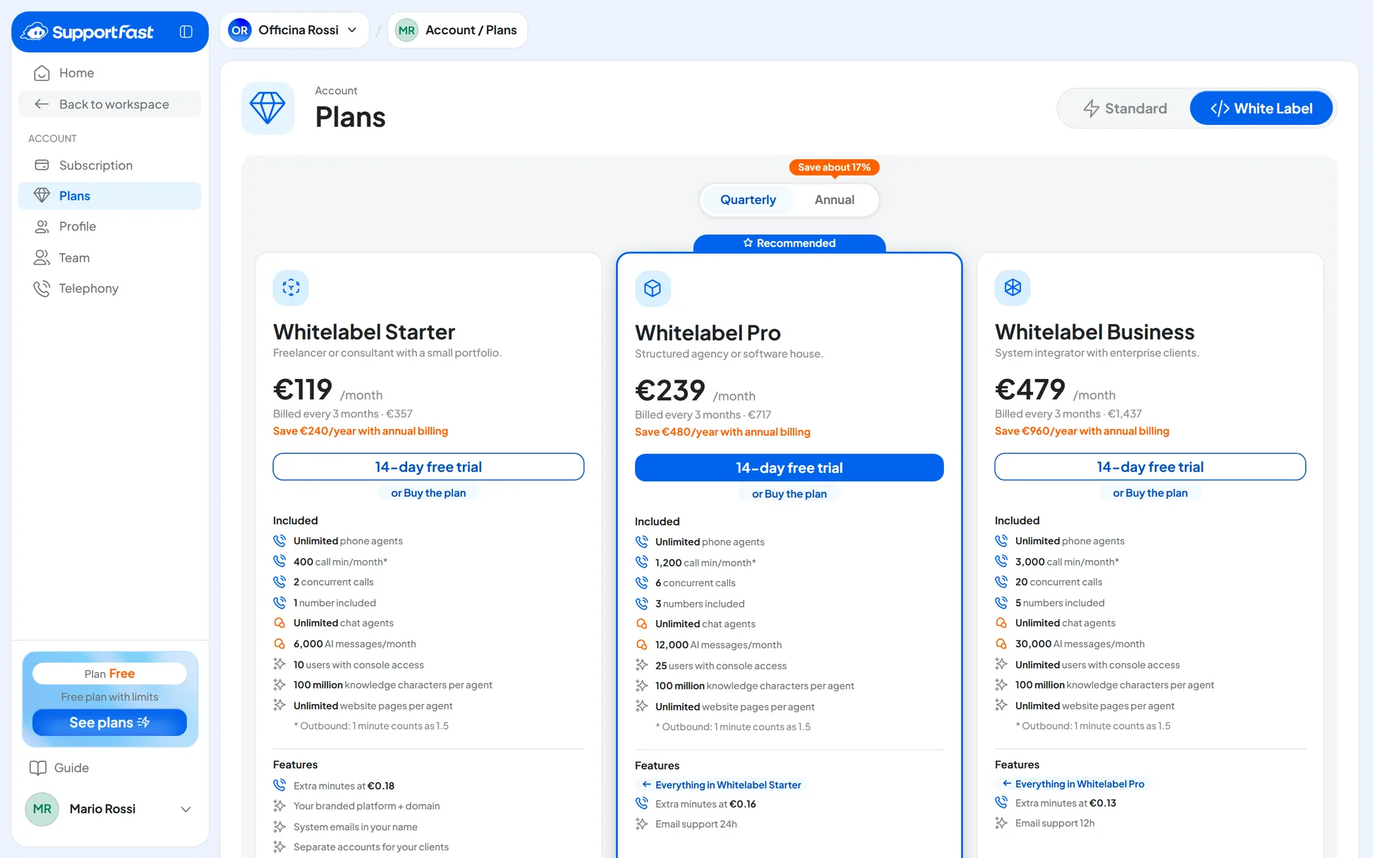 Account › Plans with the White Label family and the Quarterly billing period: three cards, the middle one with the “Recommended” ribbon, and on each one the “14-day free trial” and “or Buy the plan” buttons.
