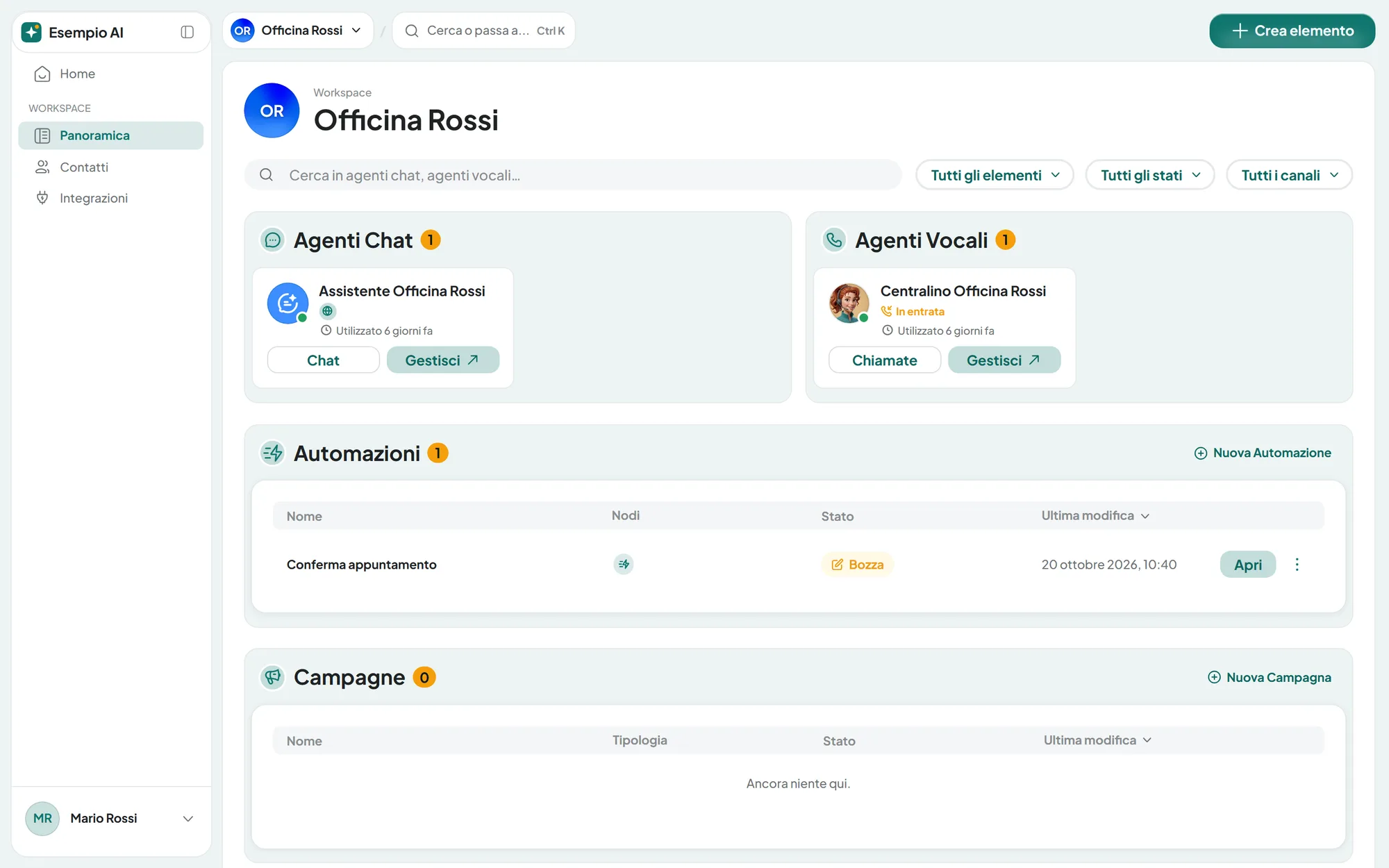 La Panoramica del workspace Officina Rossi vista da Mario Rossi sul portale Esempio AI: logo del marchio nella barra laterale, senza link Guida né scheda del piano.